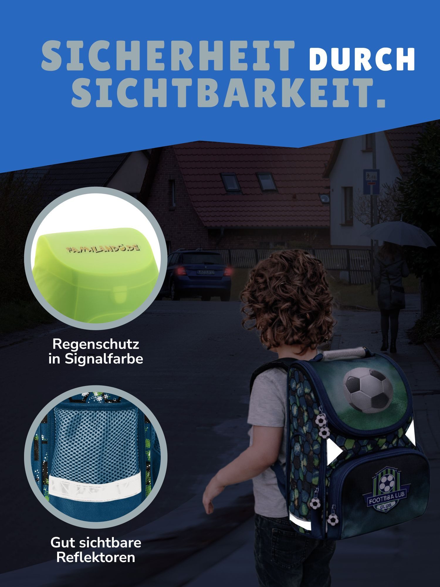 Familando Schulranzen 1.-3. Klasse ergonomisch, leicht, Volumen 15 Liter (10-tlg., inkl. Sporttasche und Schultüte / Zuckertüte 85cm), Fussball Schultasche für  – Bild 4 von 5