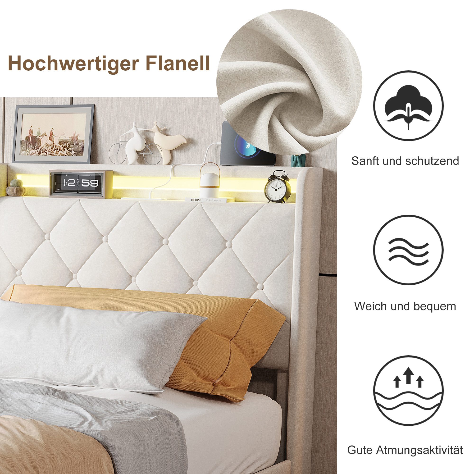 PXloue Polsterbett Led Doppelbett (1-tlg., Modernes Jugendbett, Leises Design Bett, Samtmaterial Polsterbett), Mit LED-Beleuchtung und Ladefunktion, Belastbarke – Bild 4 von 5