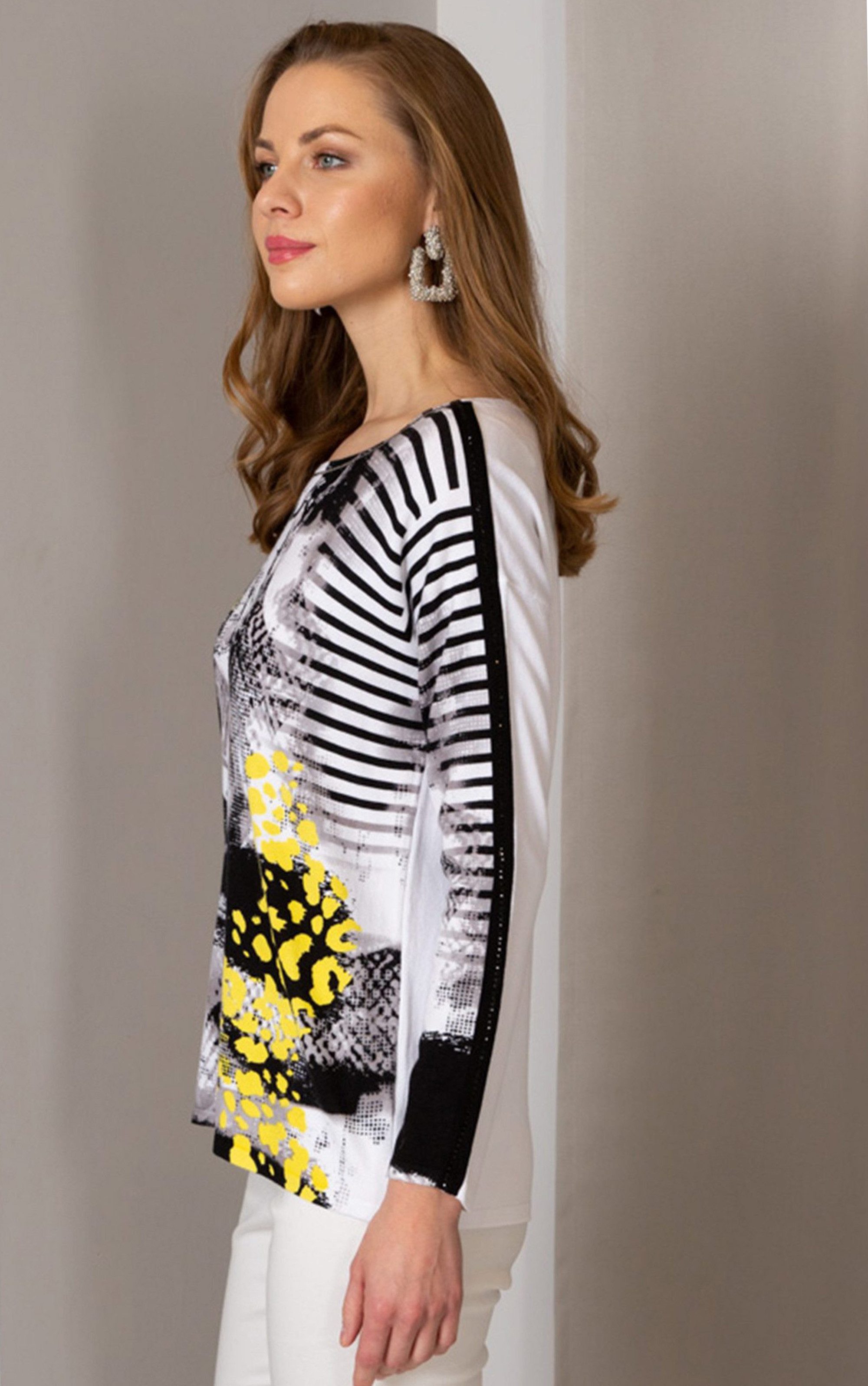 Passioni Strickpullover mit abstraktem Print Design Schulterbesatz aus schw günstig online kaufen