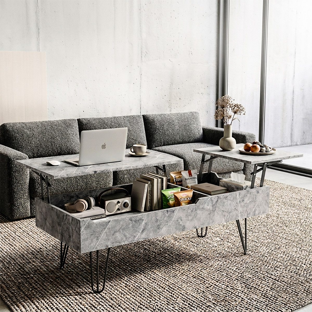 Gunuss Couchtisch höhenverstellbarer Wohnzimmertisch 100 *50*45cm Ablagefach Sofatisch (Kaffeetisch Ausziehbare Tischplatte,  Auszug), Beistelltisch mit Doppelte Hubplatte