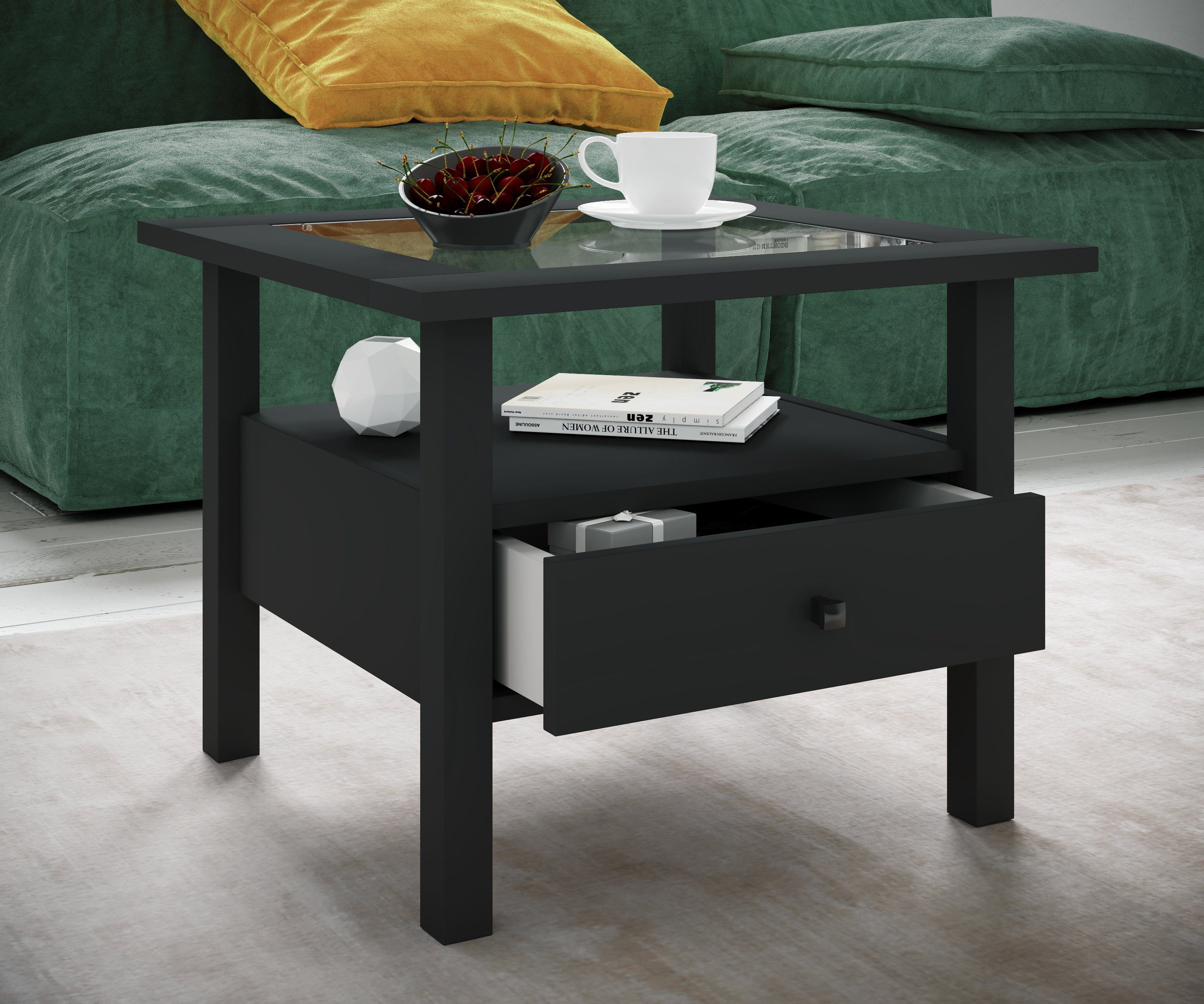VCM Couchtisch Beistelltisch Wohnzimmer Lingis H. 42 x B. 54 x T., Holz Beistelltisch mit ESG-Sicherheitsglas