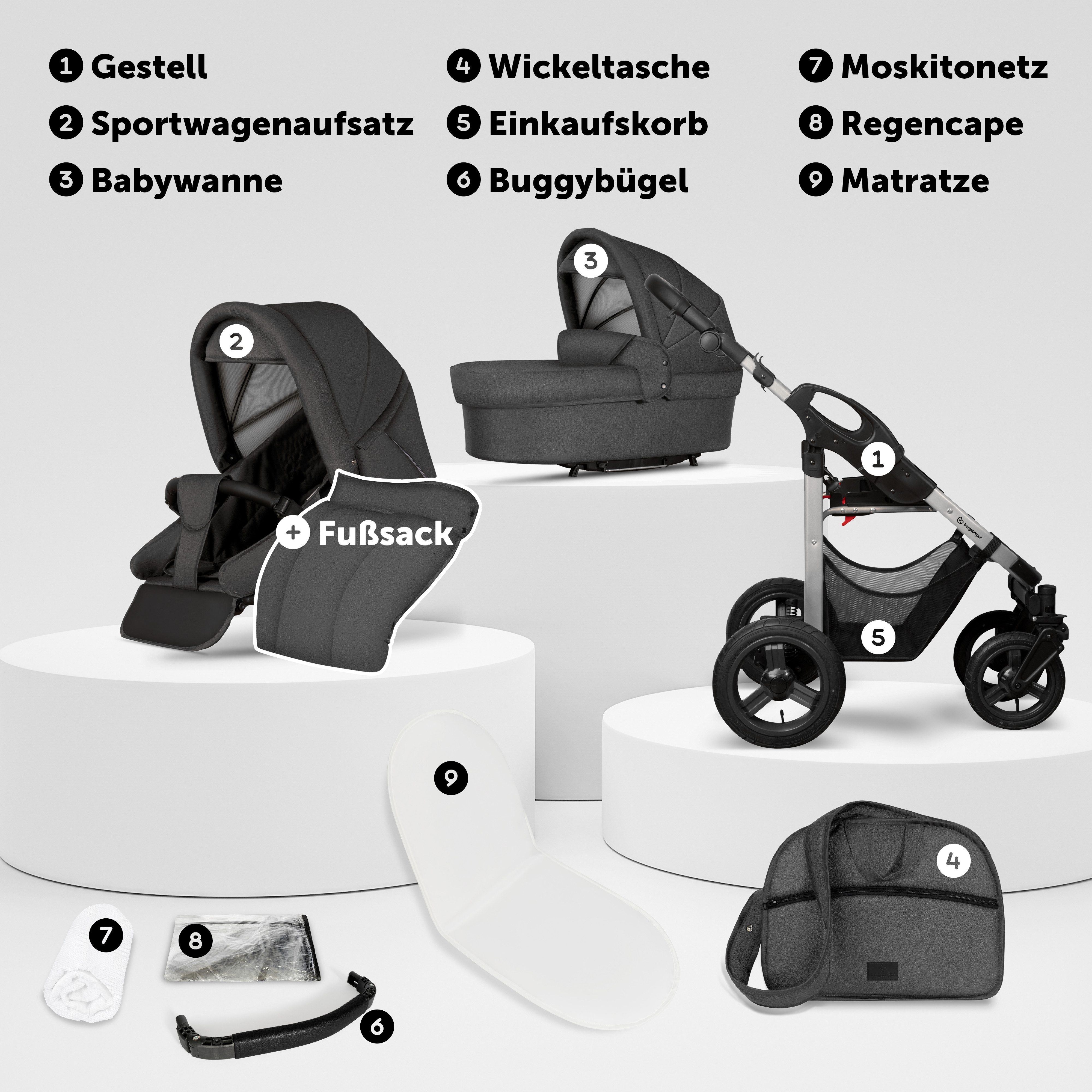 bergsteiger Kombi-Kinderwagen Babywagen Capri 3in1, Kombikinderwagen Komplettset, (10-tlg)