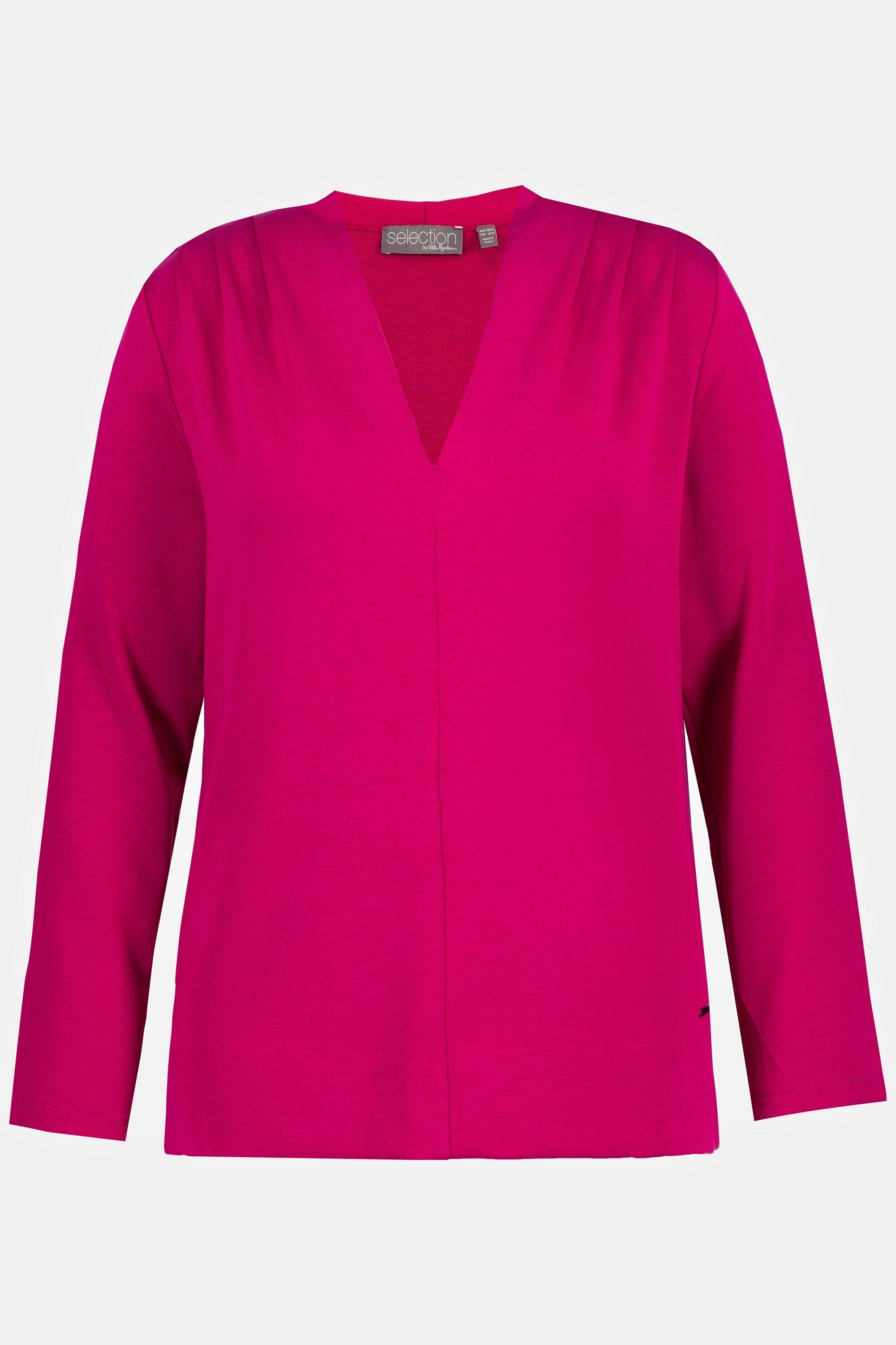 Langarm V-Ausschnitt Kelchkragen Shirt fuchsia Popken Ulla Rundhalsshirt Ziernaht