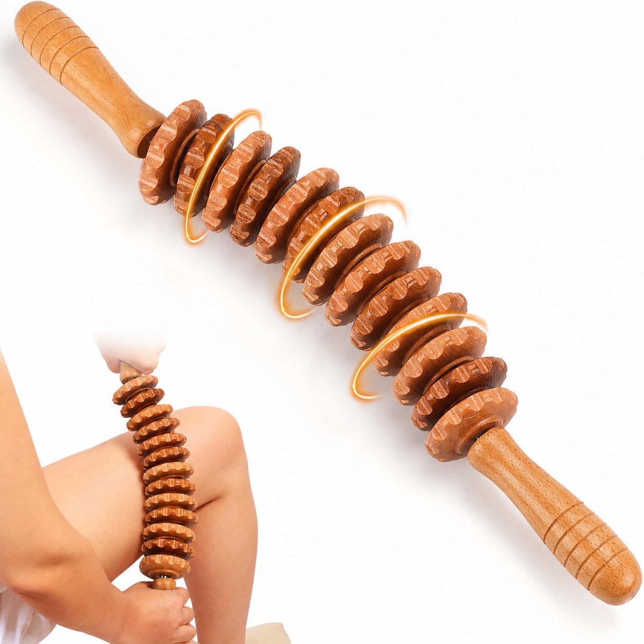 ibettertec Massageroller Holz Massageroller mit Griff, Anti Cellulite Faszienrolle 42cm, Faszienrolle Holz Massagegerät, Faszienstab Roller Wood, Massageroller Mit Griff, Massage Holz Anti Cellulite Massagegerät, für Maderotherapie und Lymphdrainage 42cm