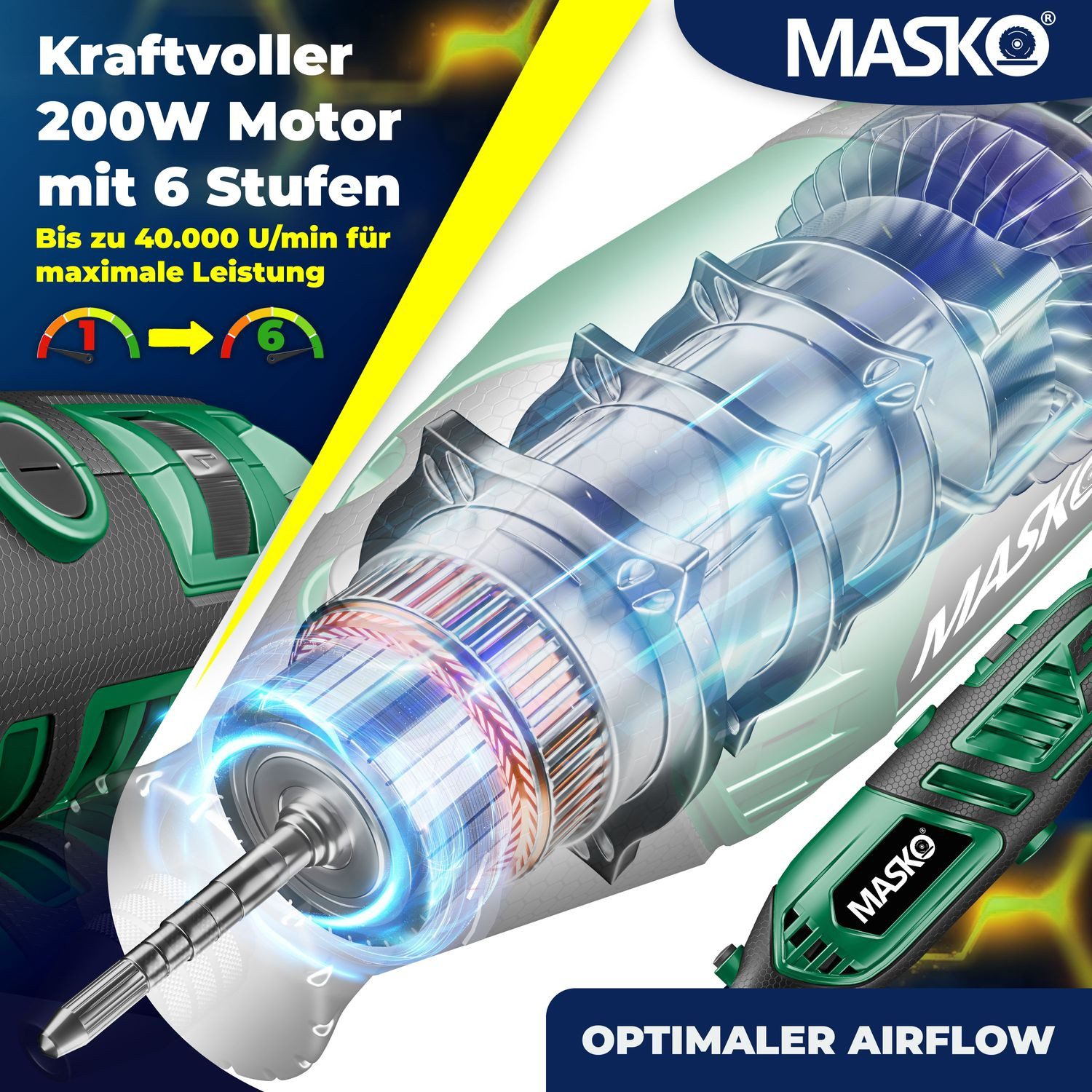 MASKO Elektro-Multifunktionswerkzeug, Schnellspann-Bohrfutter Transportkoffer 141-teilig Set Bohren Polieren, 200W Drehzahl 10000-40000 U/min mit flexibler Welle Rotationswerkzeug