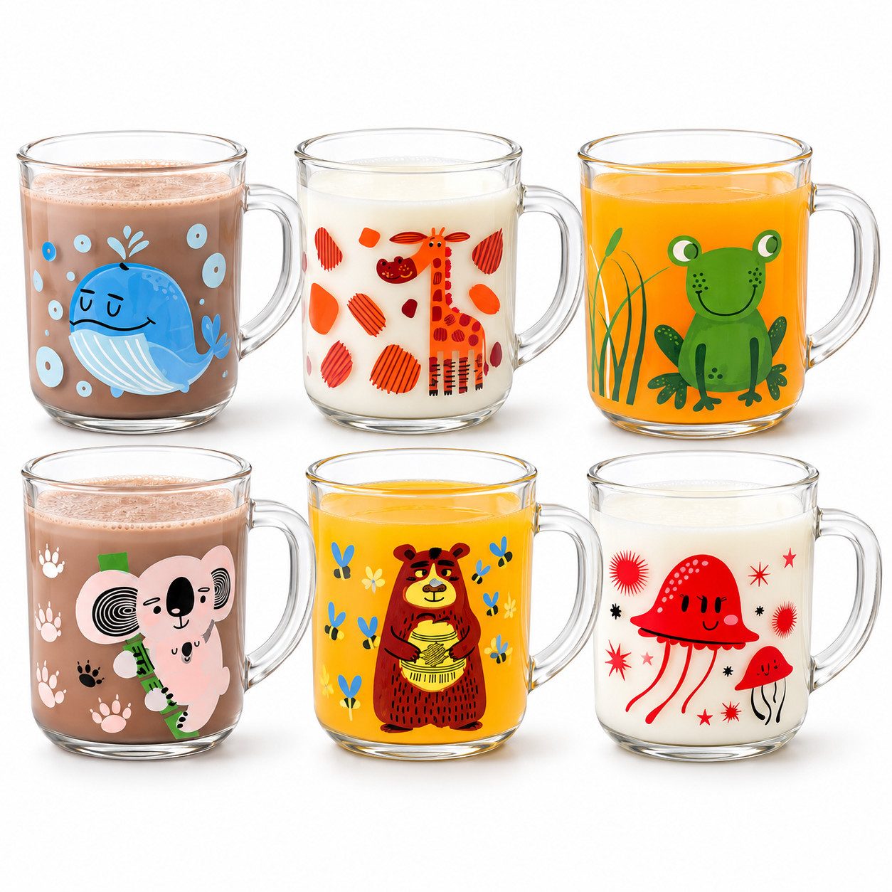 Sendez Kinderbecher 6 Tier-Motiv Becher Tassen 230ml Teegläser Kindergläser Trinkgläser