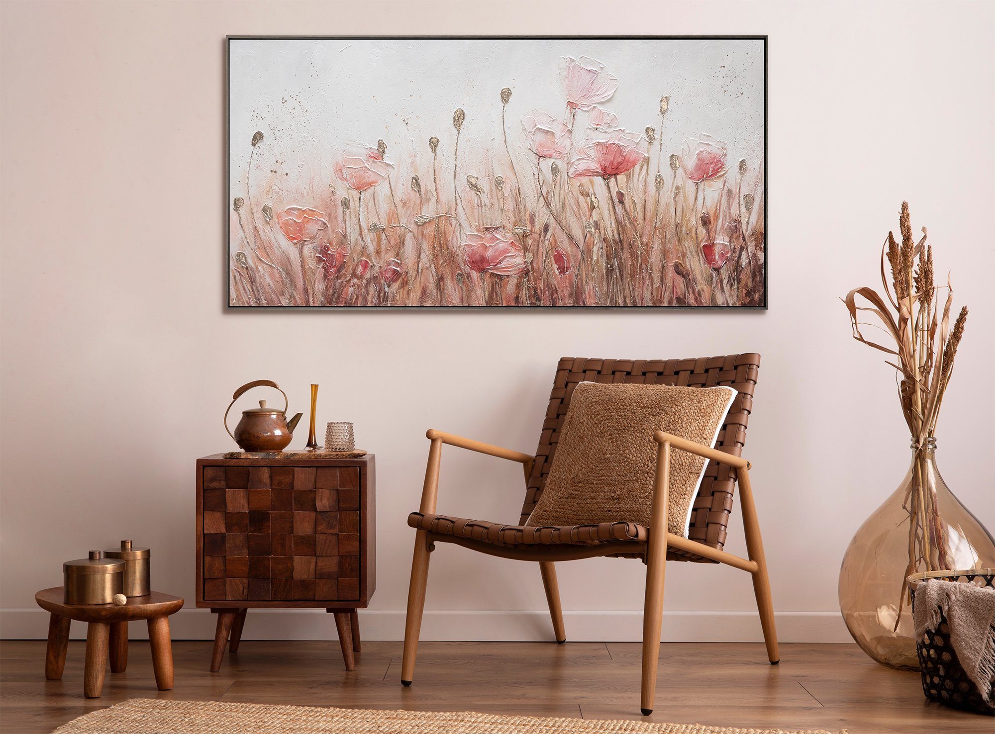 Leinwand Gemälde Flieder in YS-Art April, Rahmen Grau Blumen, Rosa Mit Mohnblumen