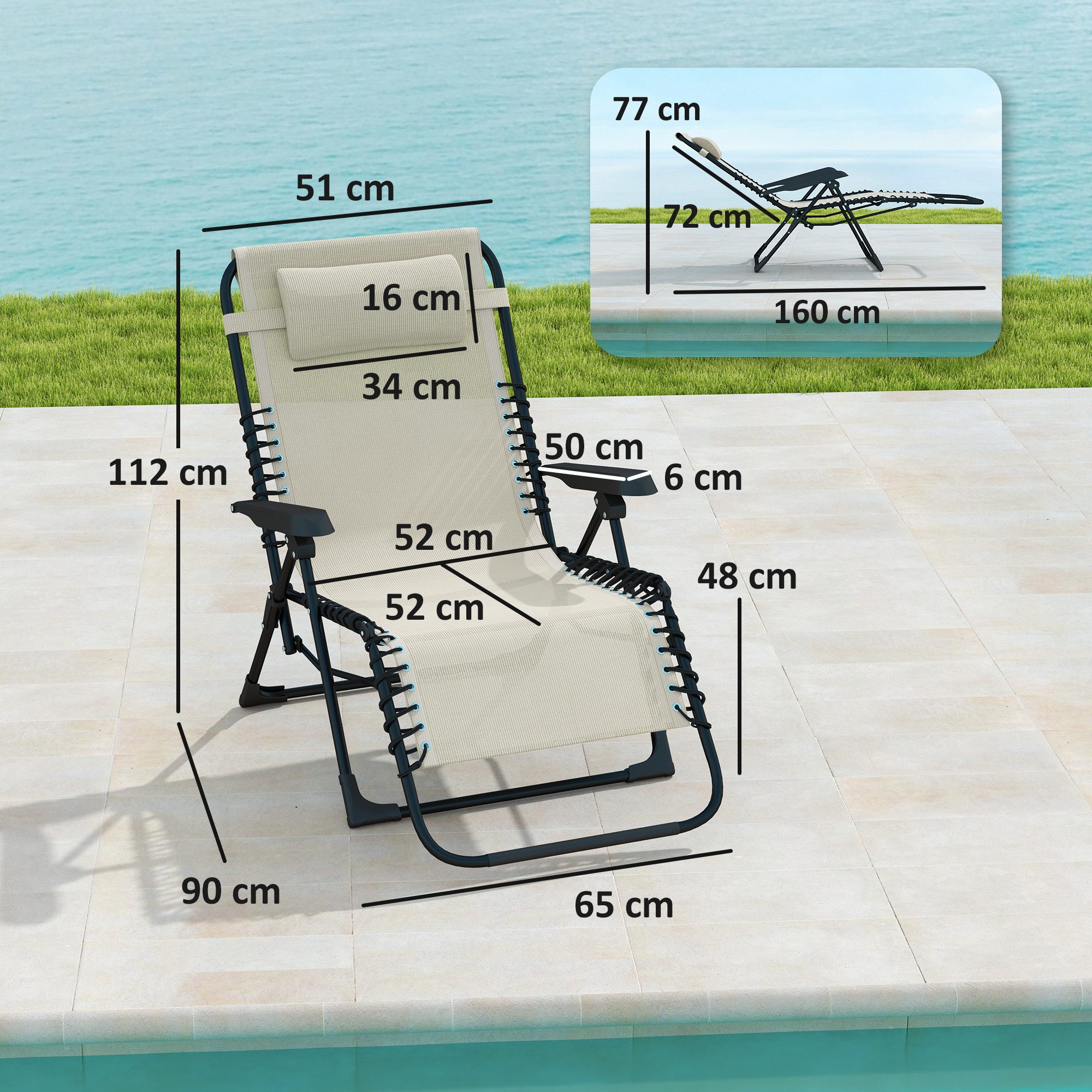Outsunny Gartenliege mit Kopfkissen, 5-Fach verstellbare Rückenlehne, wetterfest, Klappbarer Sonnenliege, 1 St., Liegestuhl, bis 120 kg belastbar, für Garten Outdoor Strand, Beige
