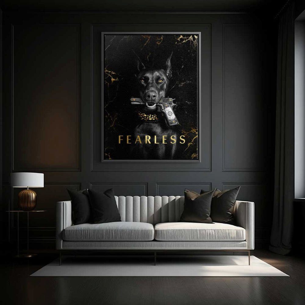 weißer fearless DOTCOMCANVAS® schwarz Dog Animal Leinwandbild Hund Leinwandbild, gold mit Luxury elegant Rahmen