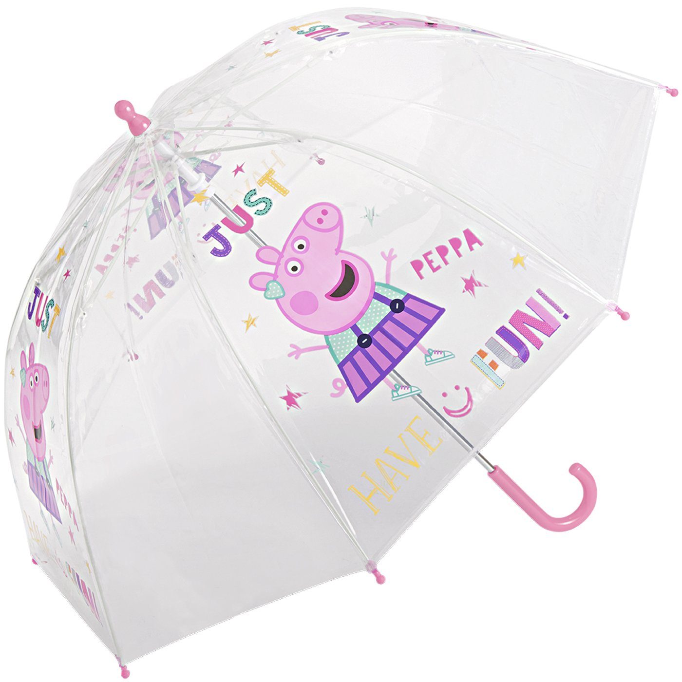 Stockregenschirm Kinder-Stockschirm mit Peppa Motiven transparent RAIN leicht, Just HAPPY durchsichtig, Fun Pig stabil,