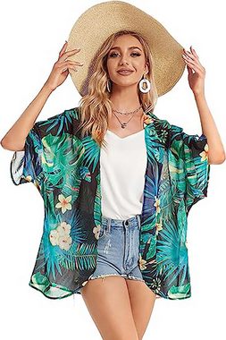 ZWY Shirtkleid Damen Kimono Cardigan mit Blumendruck, Puffärmel, lässige Bluse, Tops