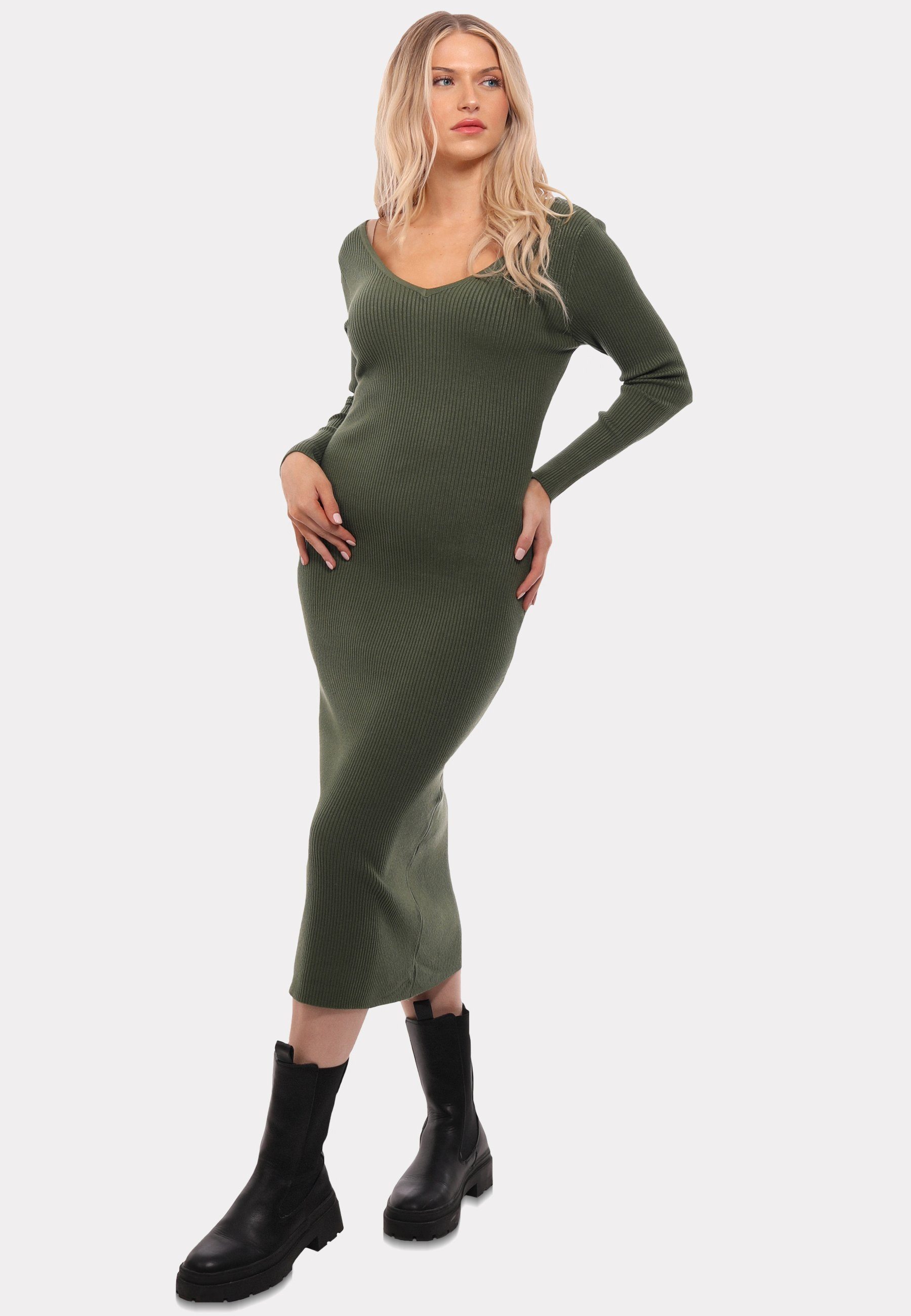 YC Fashion & Style Strickkleid Strickkleid mit V-Ausschnitt KNIT DRESS (1-tlg) in Unifarbe khaki