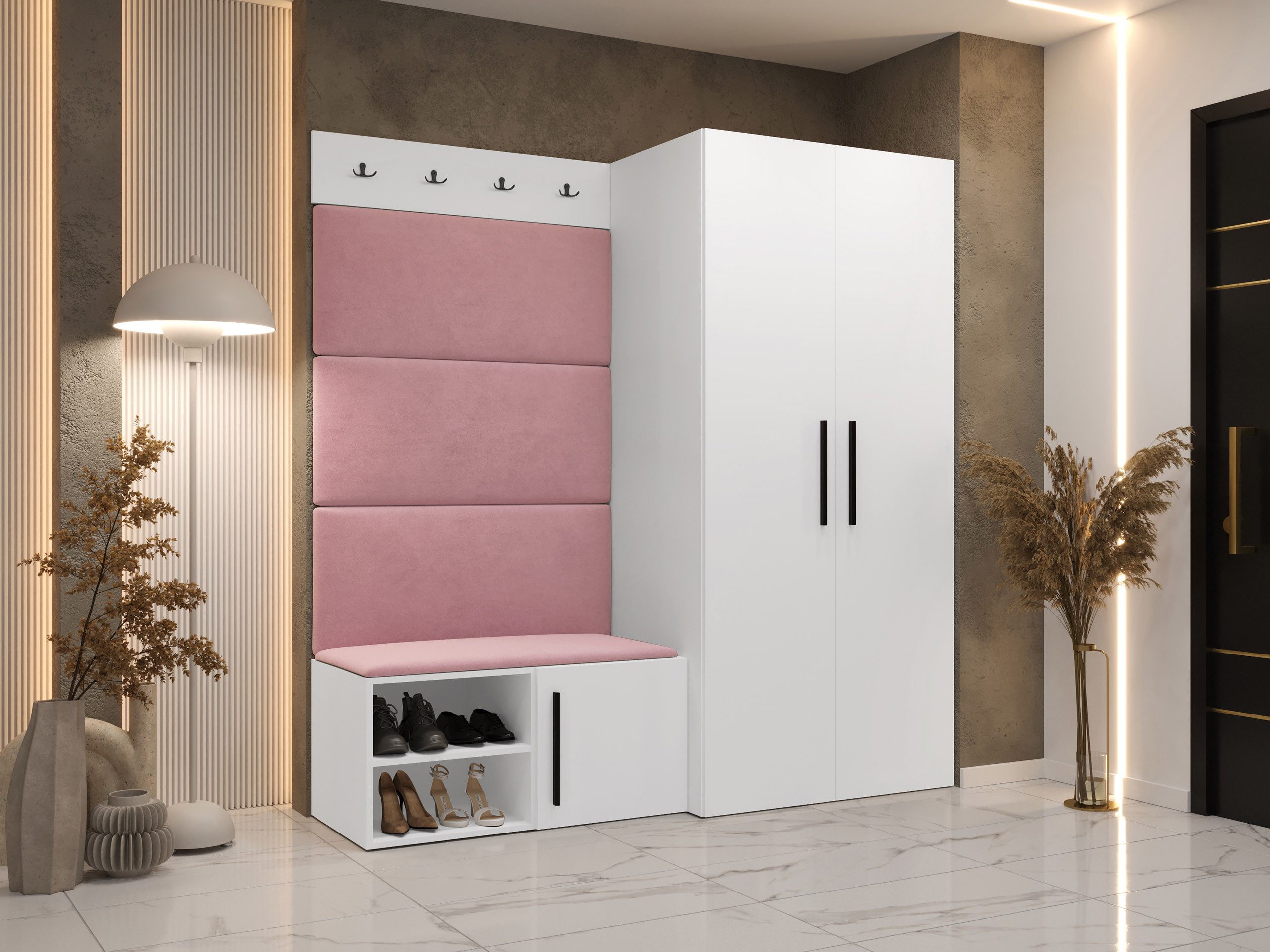 MIRJAN24 Garderoben-Set Medi I, (Drehtürenschrank, Schuhschrank, 4x Paneel 84x42), Kleiderstange, 4 Kleiderhaken für Kleidung