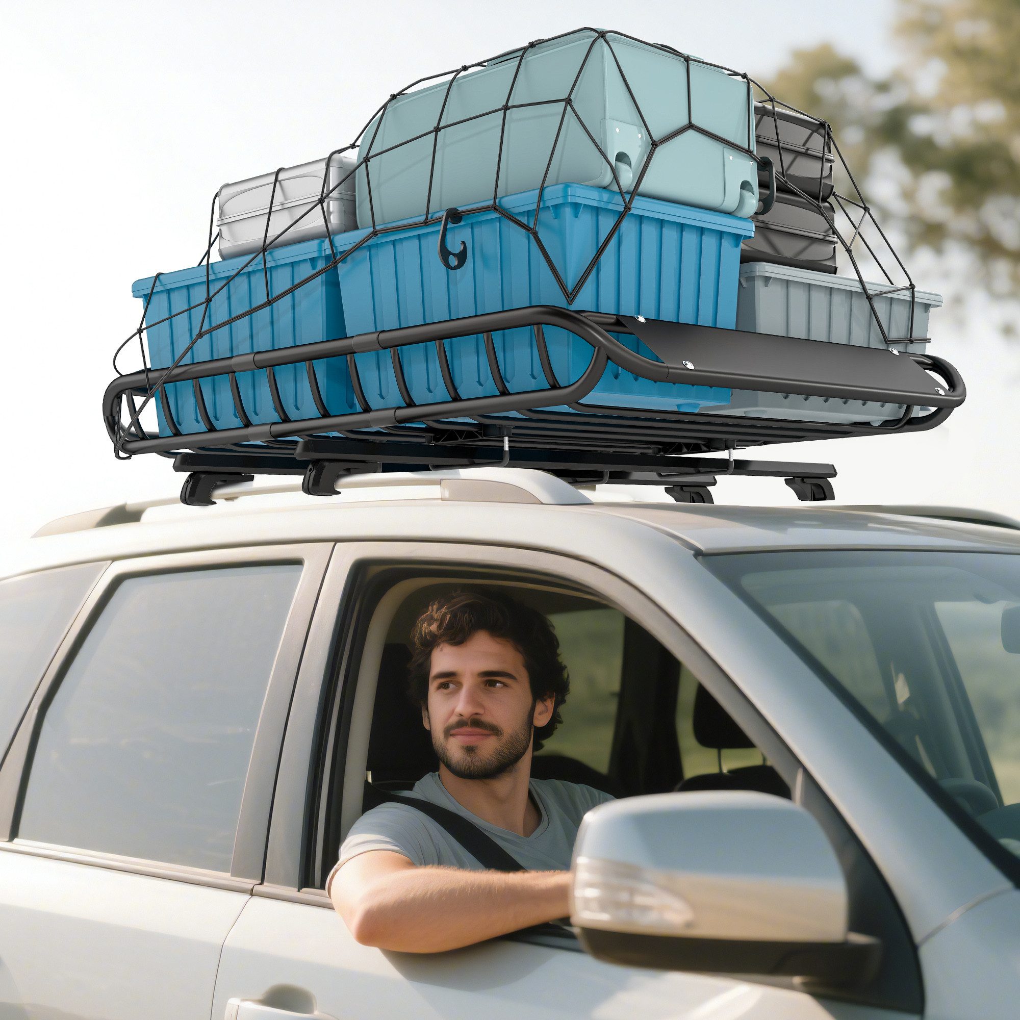 SPORTNOW Dachträger Universal Auto mit Windschutz, bis 68 kg, Rostfrei, aus Stahl (Dachgepäckträger, 1-St., Dachkorb), für SUV Trucks Schwarz