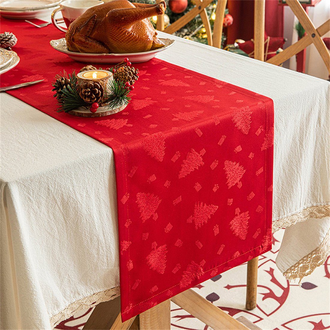 DÖRÖY Tischläufer Weihnachtsdekoration Gedruckte Tischdecke,Festliche Party Tischflaggen Rot | Tischläufer
