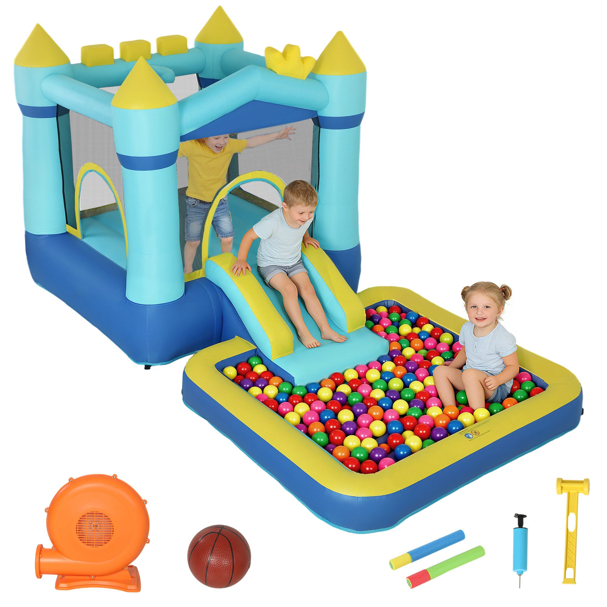 AIYAPLAY Hüpfburg mit Gebläse Rutsche Trampolin Planschbecken/Bällebad Basketballkorb, (Bouncy Castle, 1-tlg., Aufblasbar Spielcenter), für 3-8 Jahre Kinder für Indoor & Outdoor 364x173x182 cm Blau