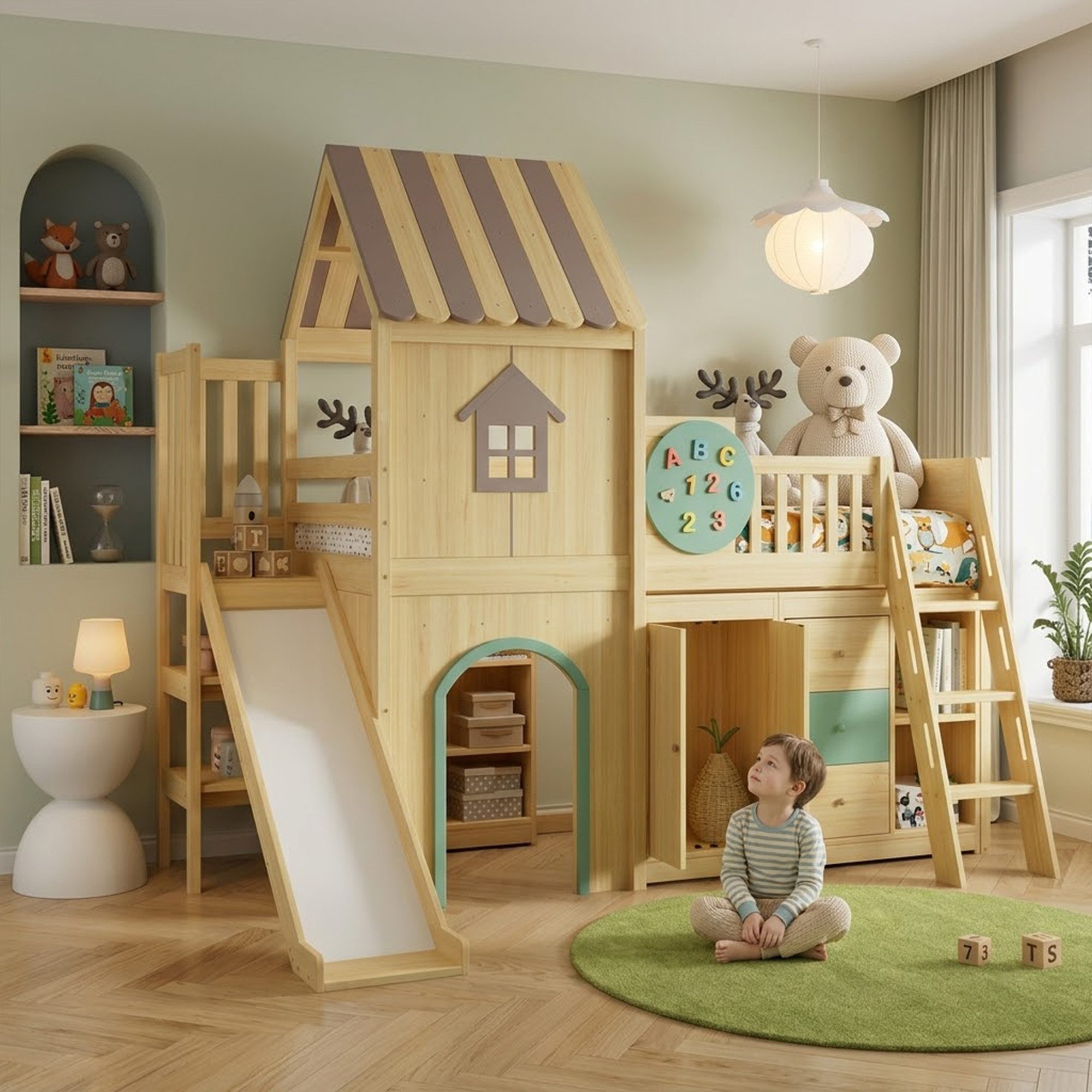 HAUSS SPOLE Hochbett 90×200 mit Rutsche,Kinderbett mit Ablagefächern & Kleiderschrank,Natur (Holzbett Einzelbett aus Grün und Naturholz mit Schubladenschrank, ohne Matratze) Hausbett Spielbett mit Rutsche und dreistufiger Treppe