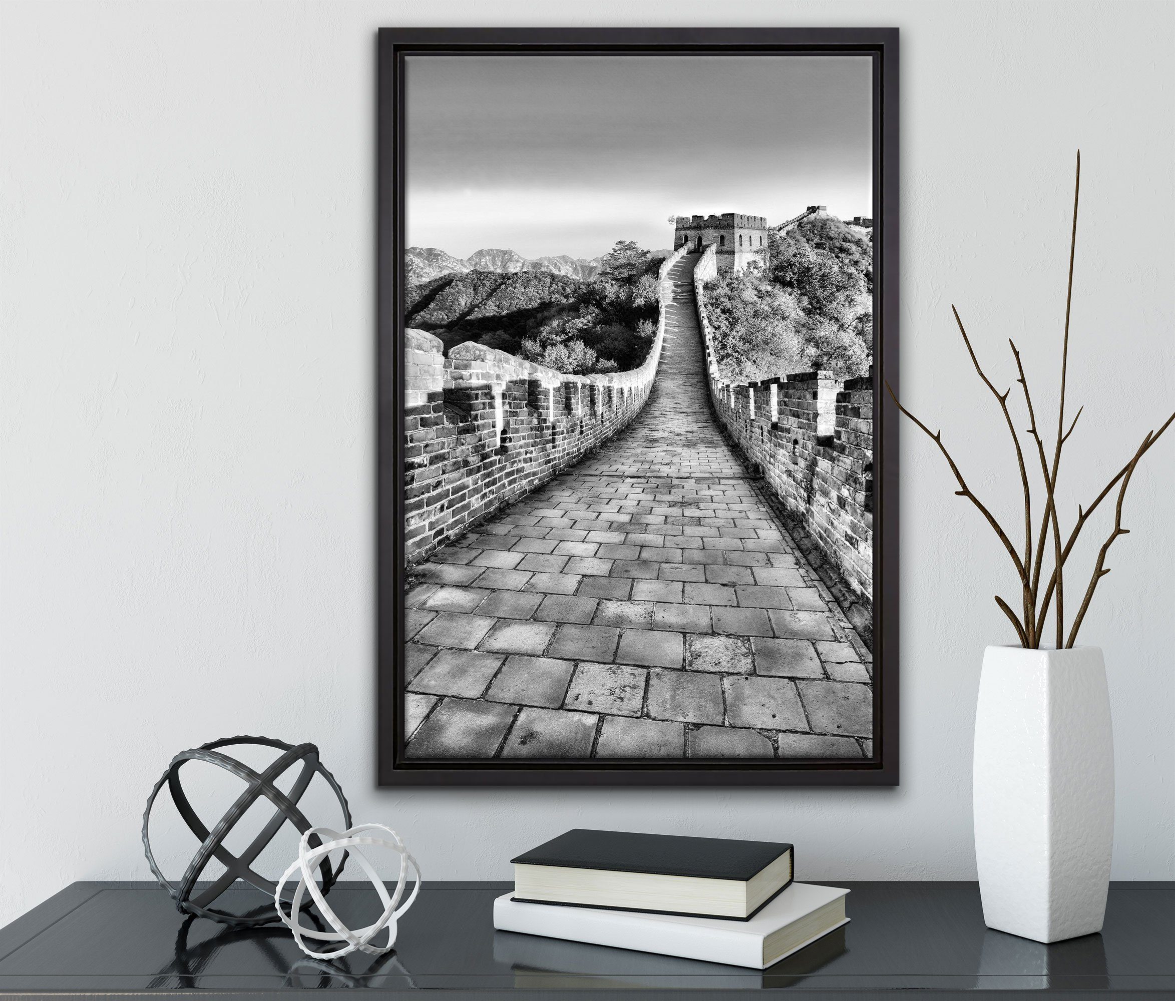inkl. fertig St), einem (1 chinesische in Mauer, Schattenfugen-Bilderrahmen Zackenaufhänger bespannt, gefasst, Leinwandbild Pixxprint Leinwandbild Wanddekoration