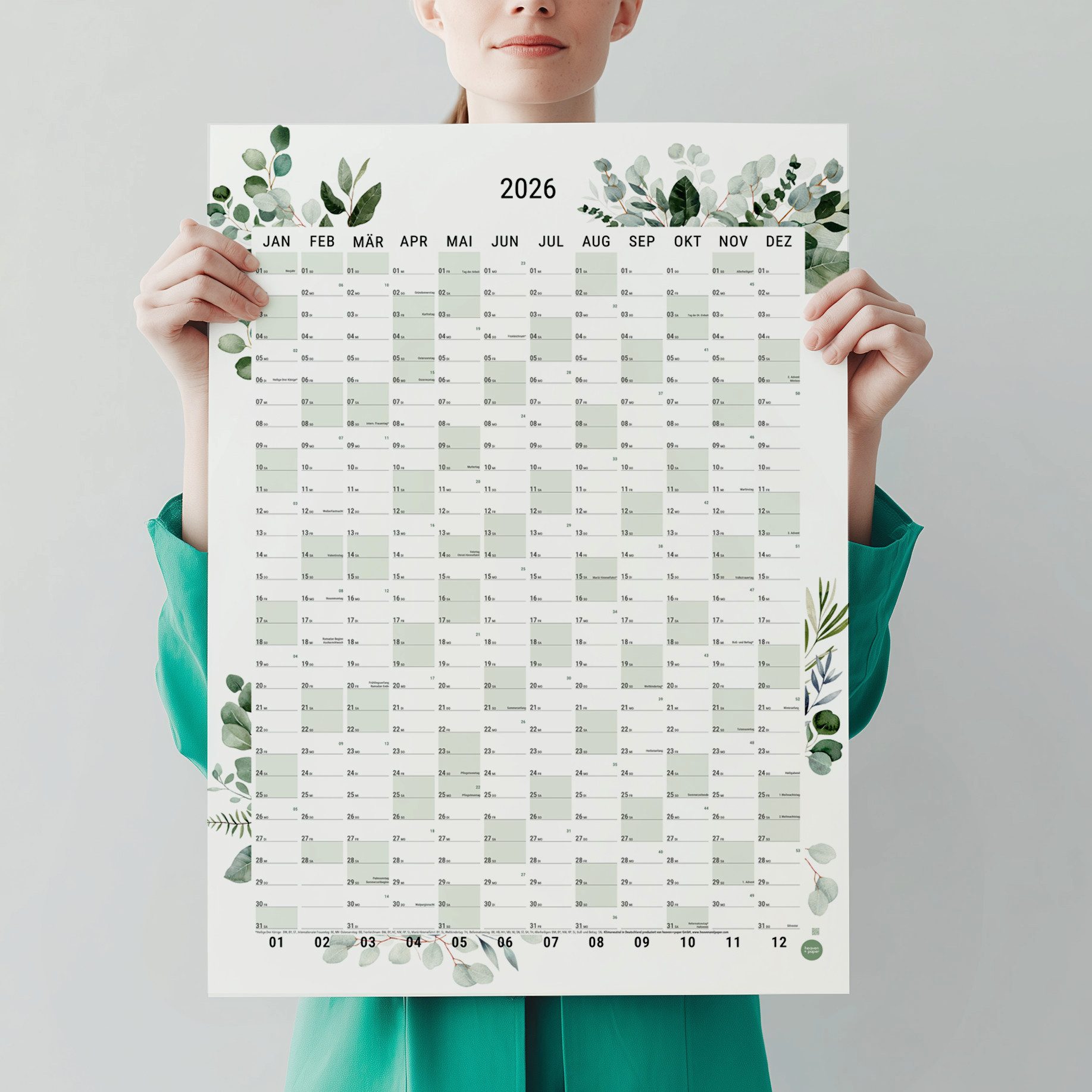 heaven+paper Jahresplaner A2 Wandplaner gerollt 2026 Green Hochformat, hochwertig, Hergestellt in Deutschland