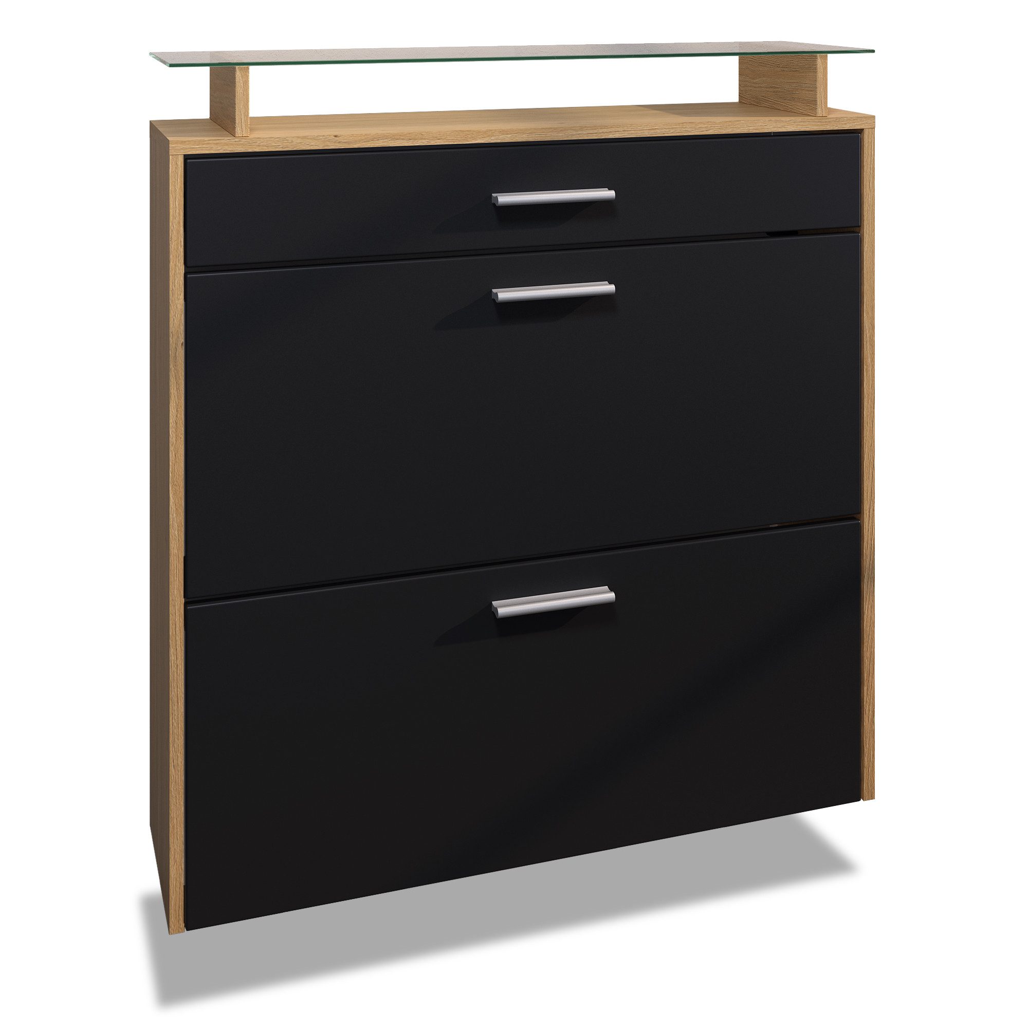 Vladon Schuhschrank Malea (hängender Schuhkipper für 16 Paar Schuhe, mit 1 Schublade und Glasablage) Schuhregal in Eiche Skandi / Schwarz matt (89 x 95,5 x 23 cm)
