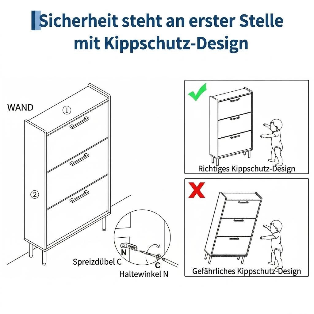 GarveeMore Schuhständer Schmaler Schuhschrank mit 3 Klappfächern, beige Textur, eige Textur & goldenen Metallbeinen, Kleiner Schuhschrank für Wohnung – Bild 3 von 5