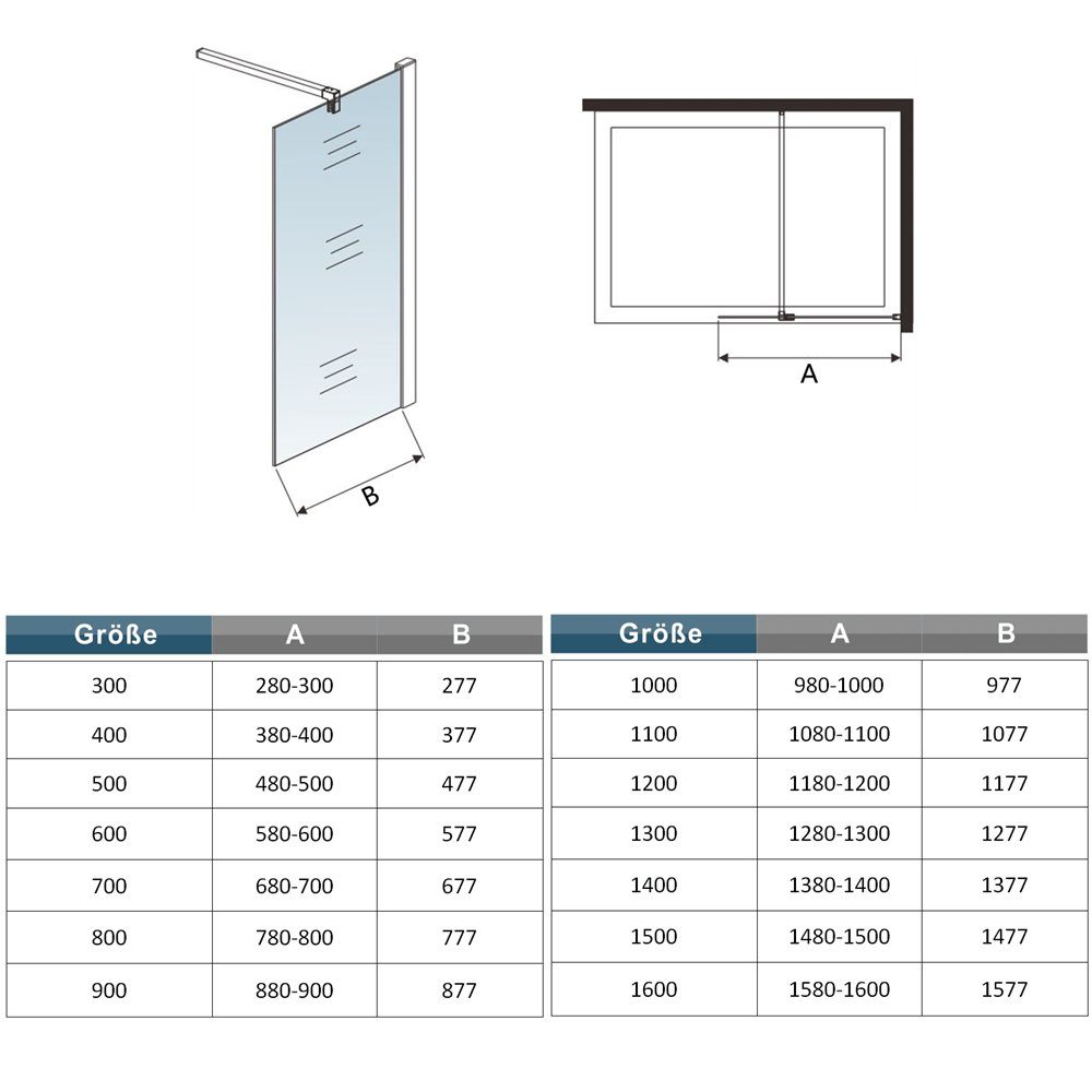 Duschspa shower screen 10mm tempered safety glass nano glass walk-in shower shower enclosure shower partition glass wall, single-pane safety glass, safety glass, (set), nano glass