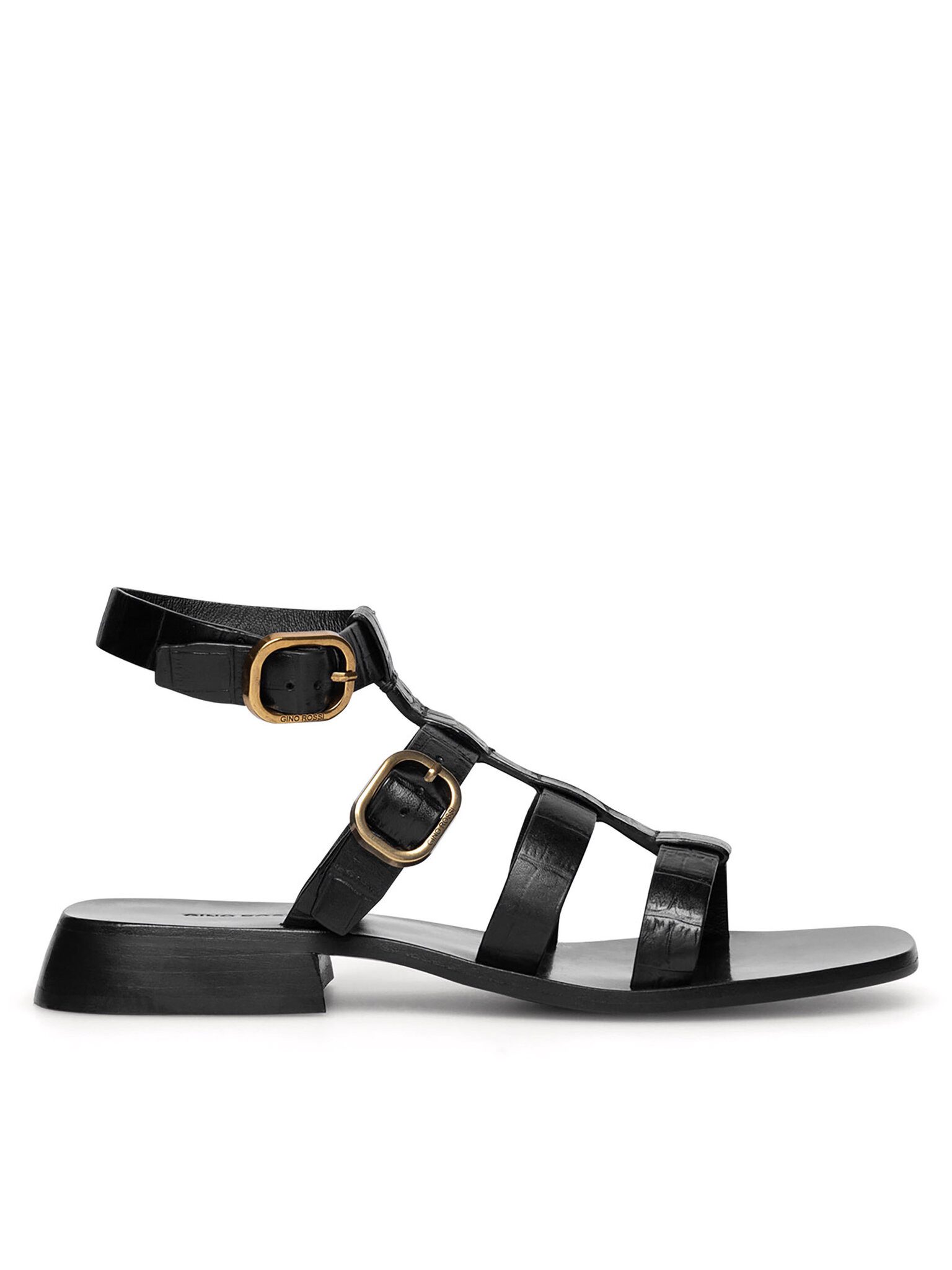 GINO ROSSI Gino Rossi LERICI‑112790 – Damen-Ledersandalen mit Schnalle Schwarz Sandale Schnalle, goldene Verzierung, offener Zehenbereich
