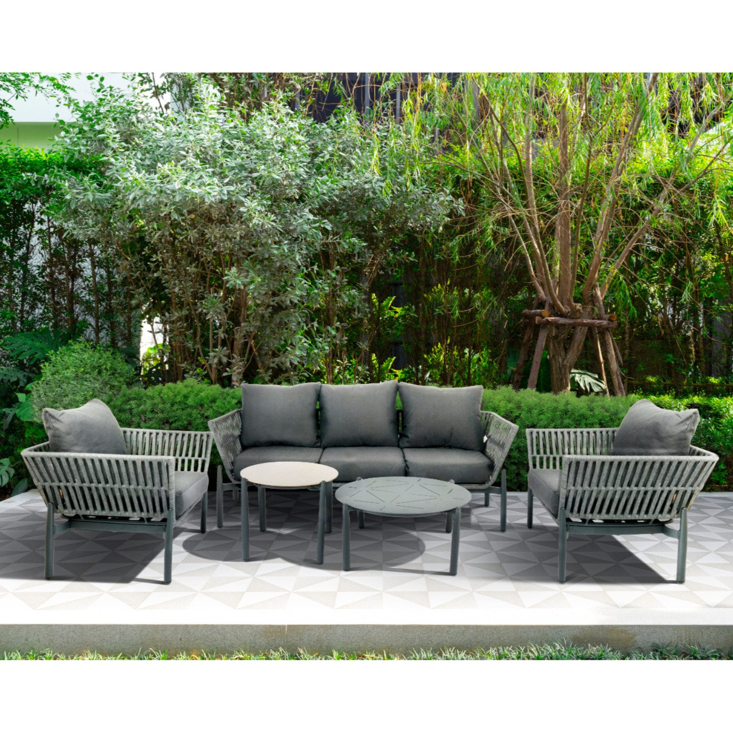 Campo Limon Gartenlounge-Set "Inca", (Set besteht aus 3-Sitzer Sofa, 2 Sesseln, 2 Tischen und Sitzpolstern), bestehend aus 3-Sitzer Sofa, 2 Sesseln, 2 Tischen und Sitzpolstern