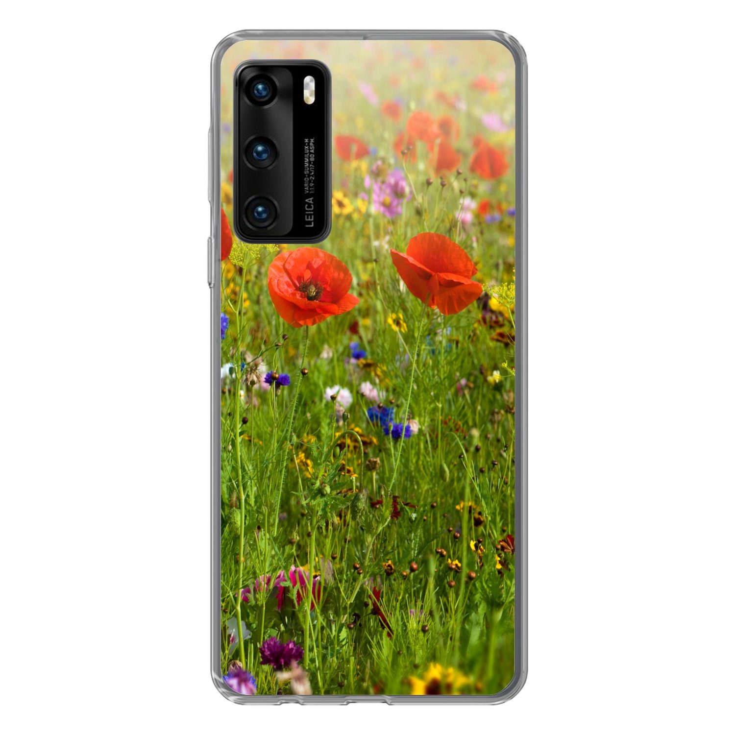MuchoWow Handyhülle für Huawei P40 Frühling - Blumen - Rot - Mohn - Gras - Grün, Handy Case, Silikon, Bumper Case Dünn