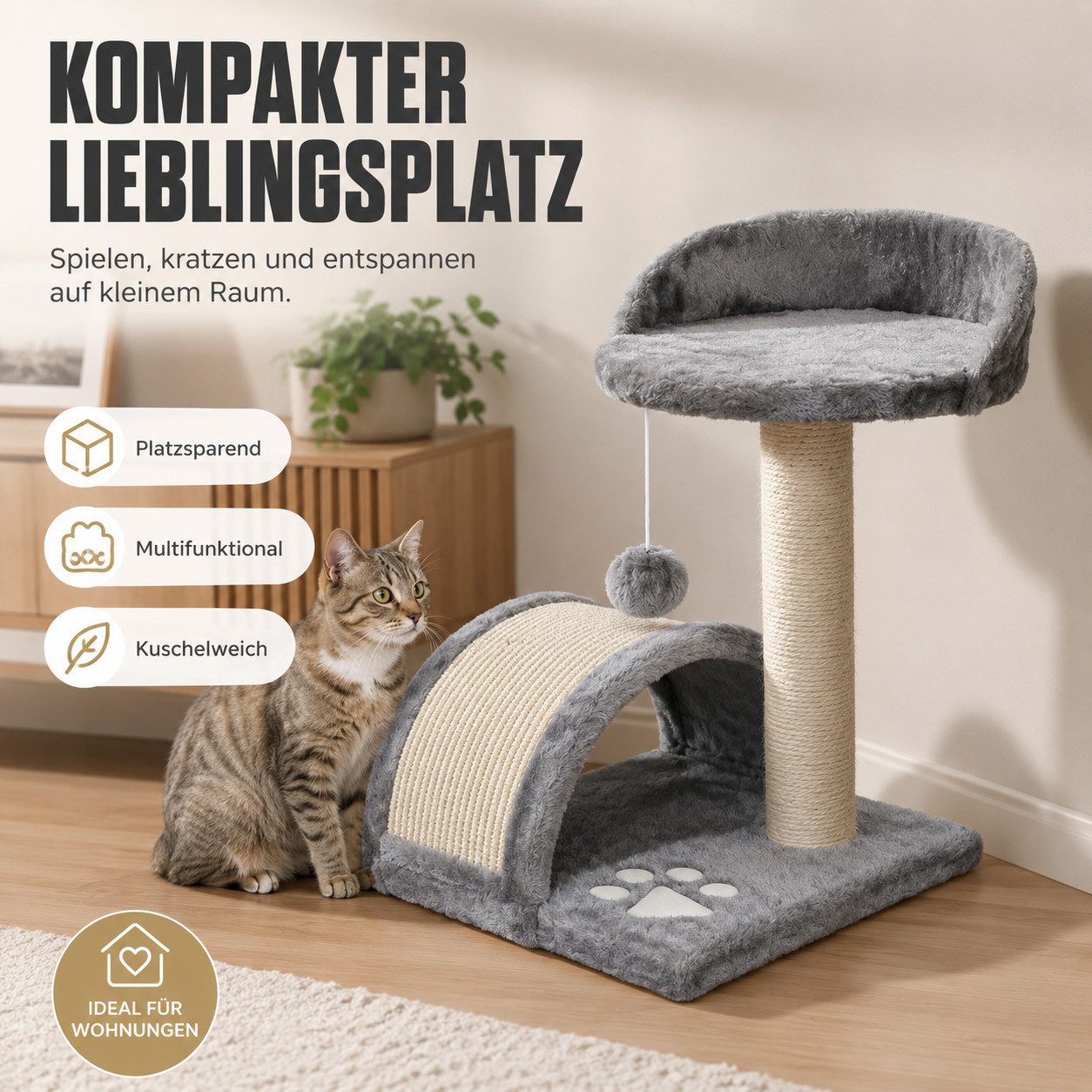 MIBODE Kratzbaum-Liegemulde Kleiner Kratzbaum 46cm mit Höhle, Spielball & Sisalseil