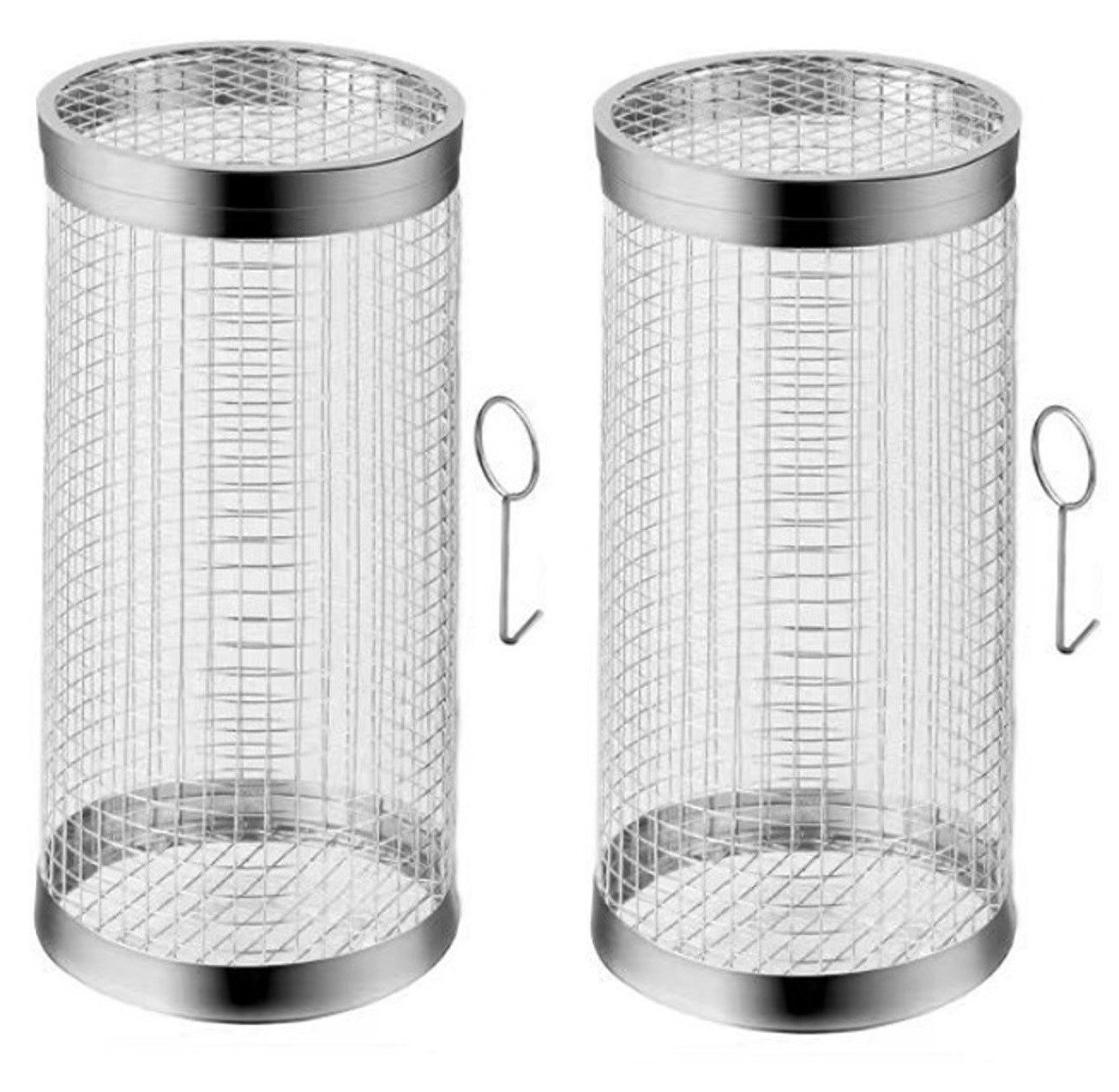 BAYLI Grillspieß 2er Set Zylindrischer Grillkorb Rund aus Edelstahl mit 1x Haken