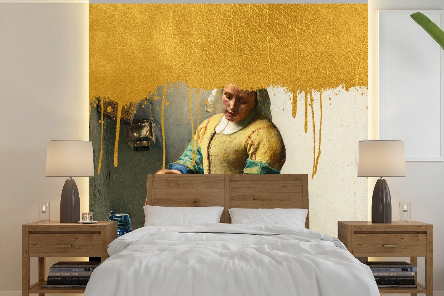 MuchoWow Fototapete Milchmädchen - Gold - Vermeer, Matt, bedruckt, (4 St), Vliestapete für Wohnzimmer Schlafzimmer Küche, Fototapete