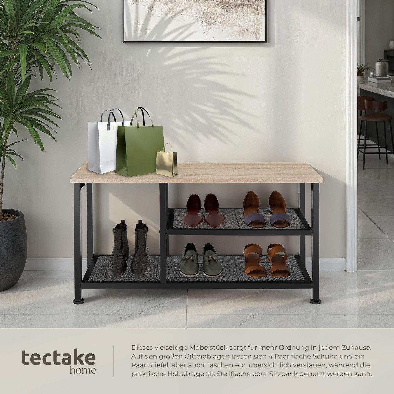 tectake Schuhregal Flurregal aus Holz und Stahl, 80 x 30 x 45,5 cm, Schuhablage mit Gitterablagen Taunton 1-tlg., Ablage und 2 Gitterablagen, mit höhenverstellb – Bild 4 von 5