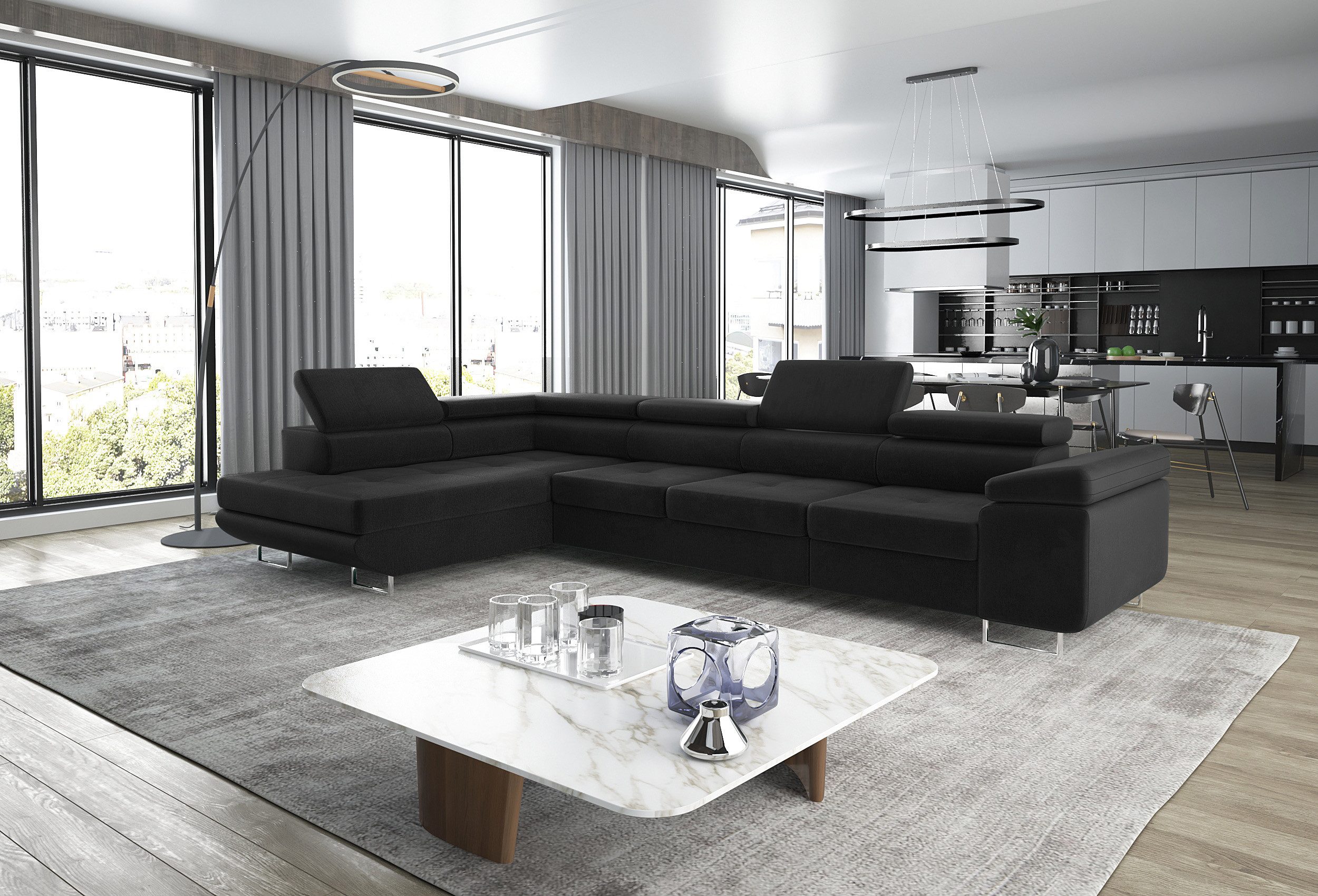 thematys Ecksofa ASTON LONG 355 x 204cm mit Schlaffunktion & Bettkasten – L-Sofa, mit Kopfstützen, Cord (Poso) oder Samt (Monolith), - XXL Wohnlandschaft im modernen Design