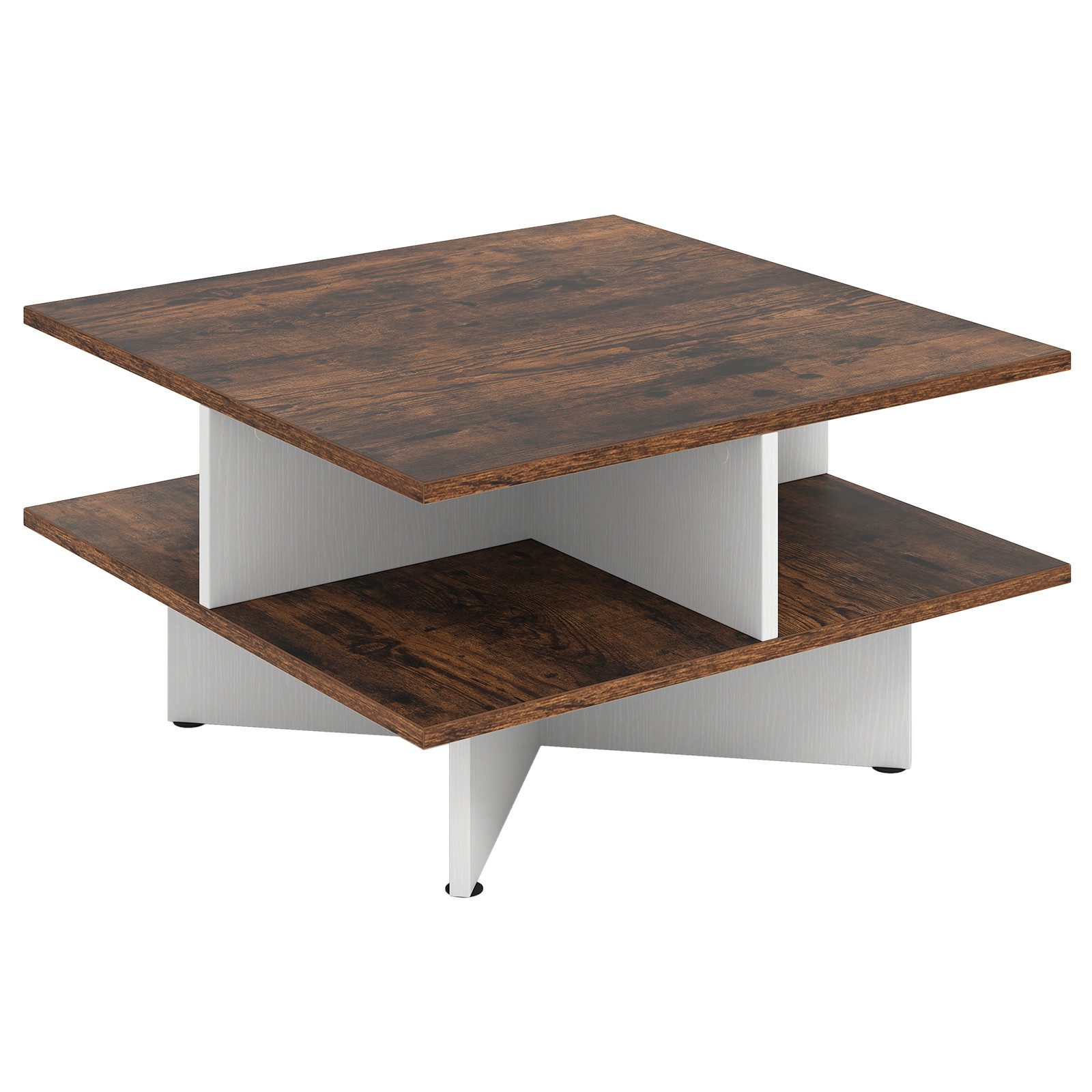 COSTWAY Couchtisch, Holz, Quadratischer Wohnzimmertisch mit 4 Ablage braun
