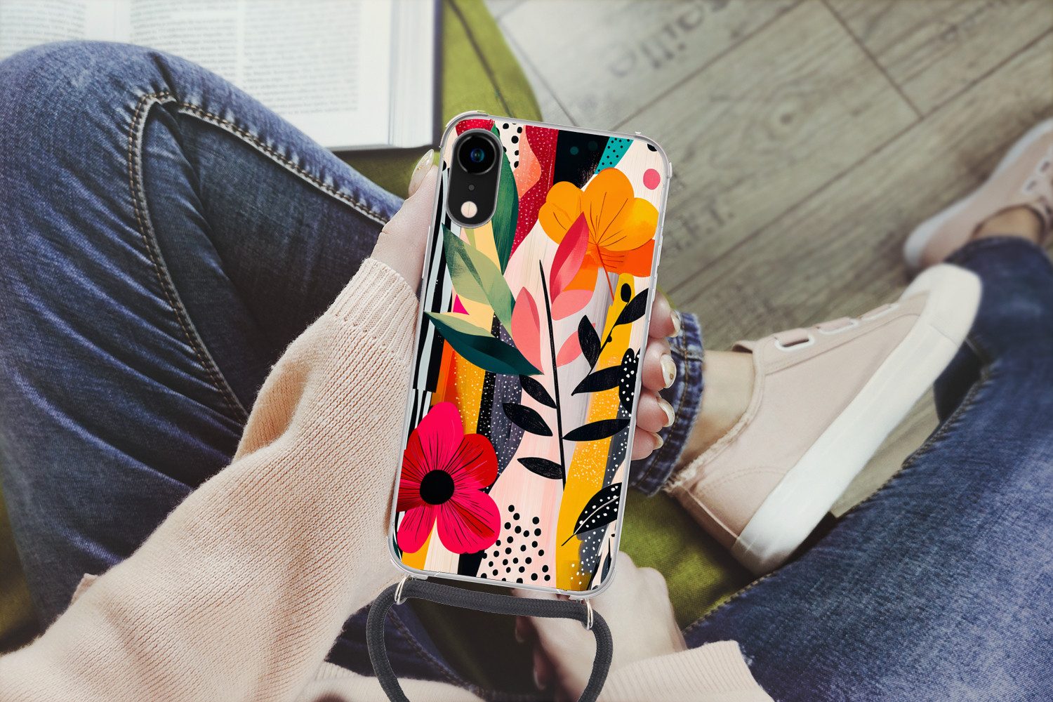 MuchoWow Handyhülle für Apple iPhone XR Blumen - Blätter - Abstrakt - Farbenfroh, Tragbare Handyhüllen mit Kette zum umhängen, Handykette Handyband