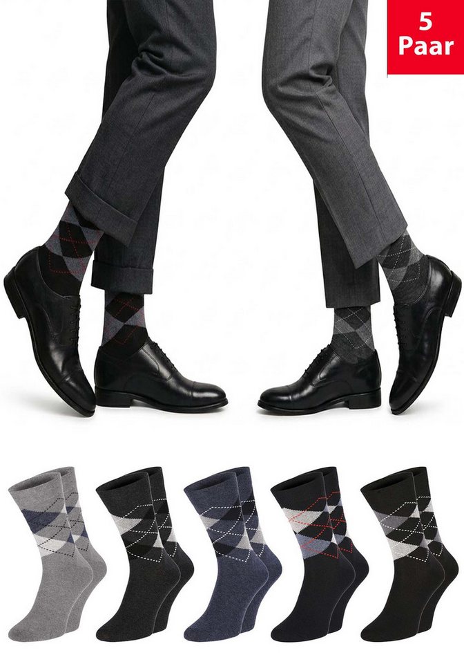 Chili Lifestyle Basicsocken 5 Paar PREMIUM Unisex KARO Socken mit Rautenmuster (Multipack, 5-Paar, 5 Farbdesigns I Business Socken Herren & Damen Baumwolle) Klassische Argyle Anzugsocken handgekettelt ohne Naht mit Komfortbund