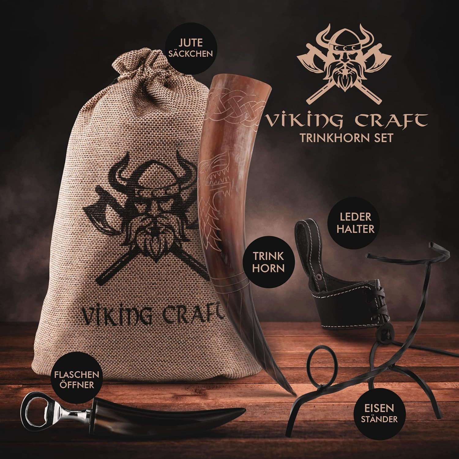 VIKING CRAFT Bierkrug Trinkhorn Wikinger ca. 450ml - Extra Großes 5-teiliges Horn Set, mit Ständer