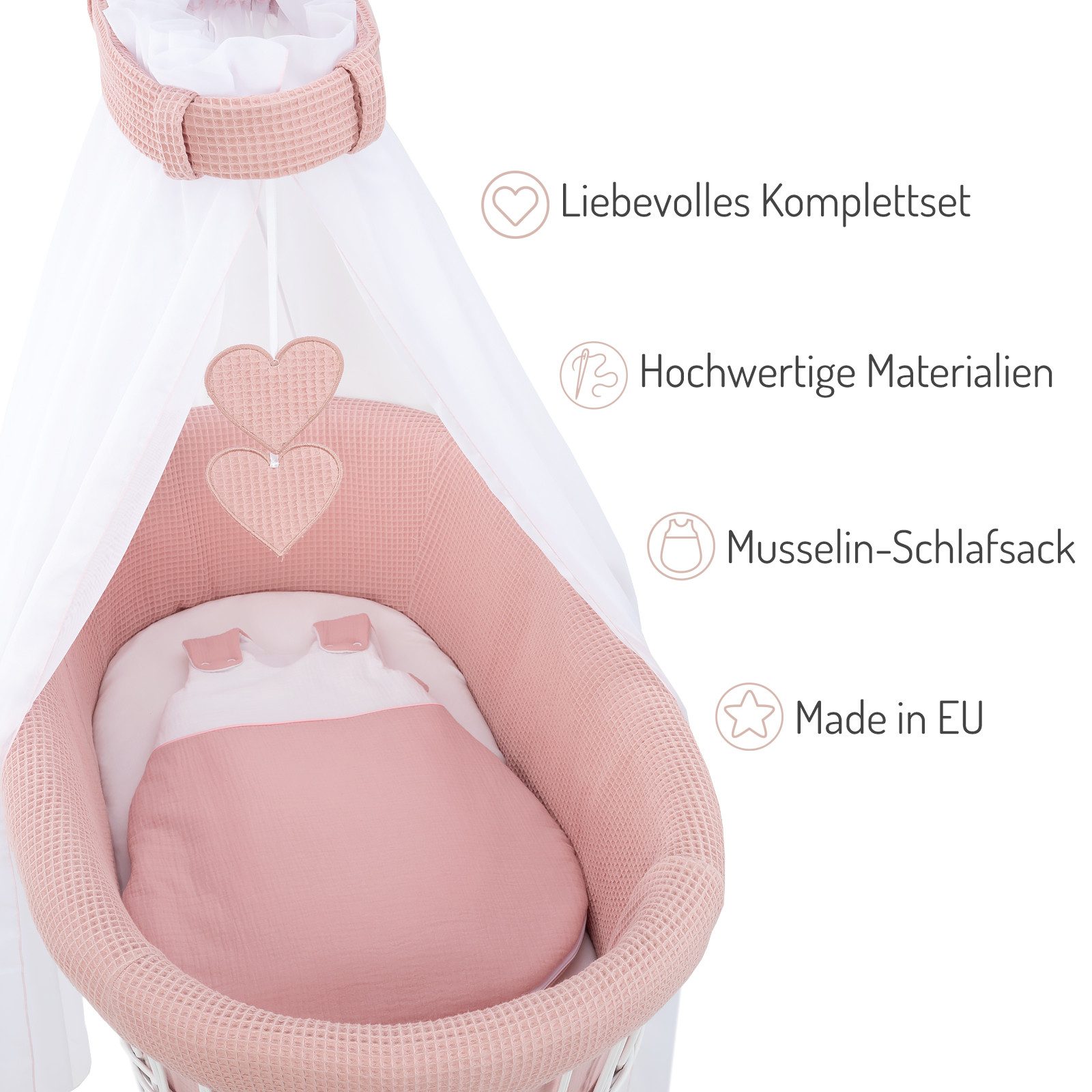 FabiMax Stubenwagen weiß lackiert, Komplettset, Musselin & Waffelpiqué, Inkl. Matratze, Nestchen & Schlafsack