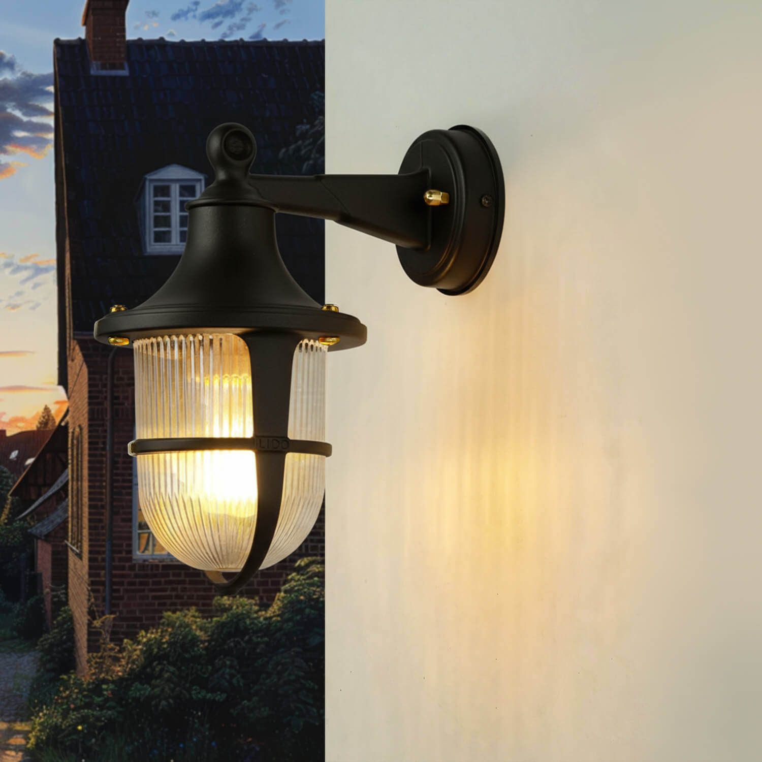 Licht-Erlebnisse Außen-Wandleuchte SANTORIN, ohne Leuchtmittel, Messing massiv Glas E27 IP64 H: 27 cm Schwarz Maritim