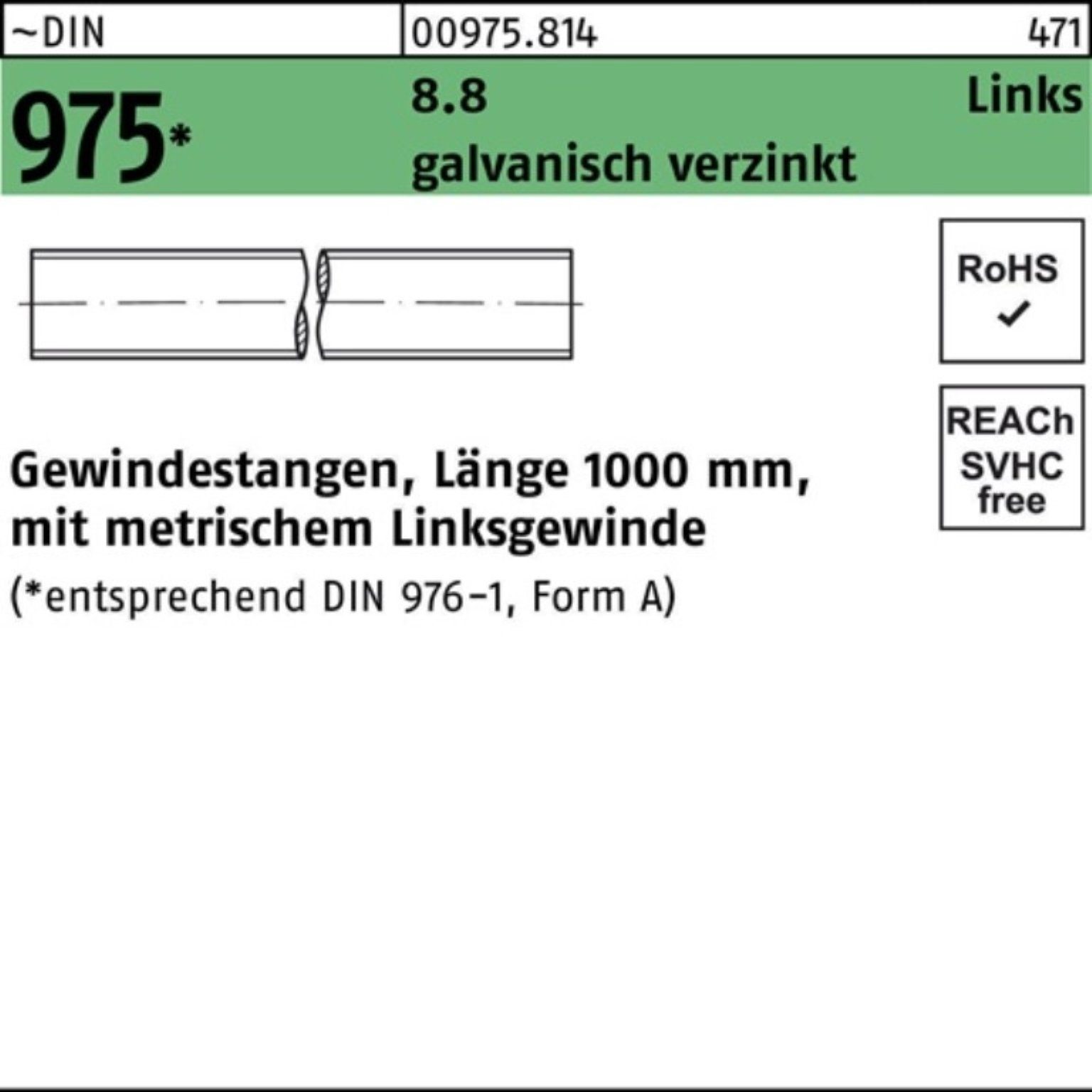 M20 100er Reyher DIN 975 -LHx Gewindestange Pack Gewindestange links 1000mm galv.verz. 8.8