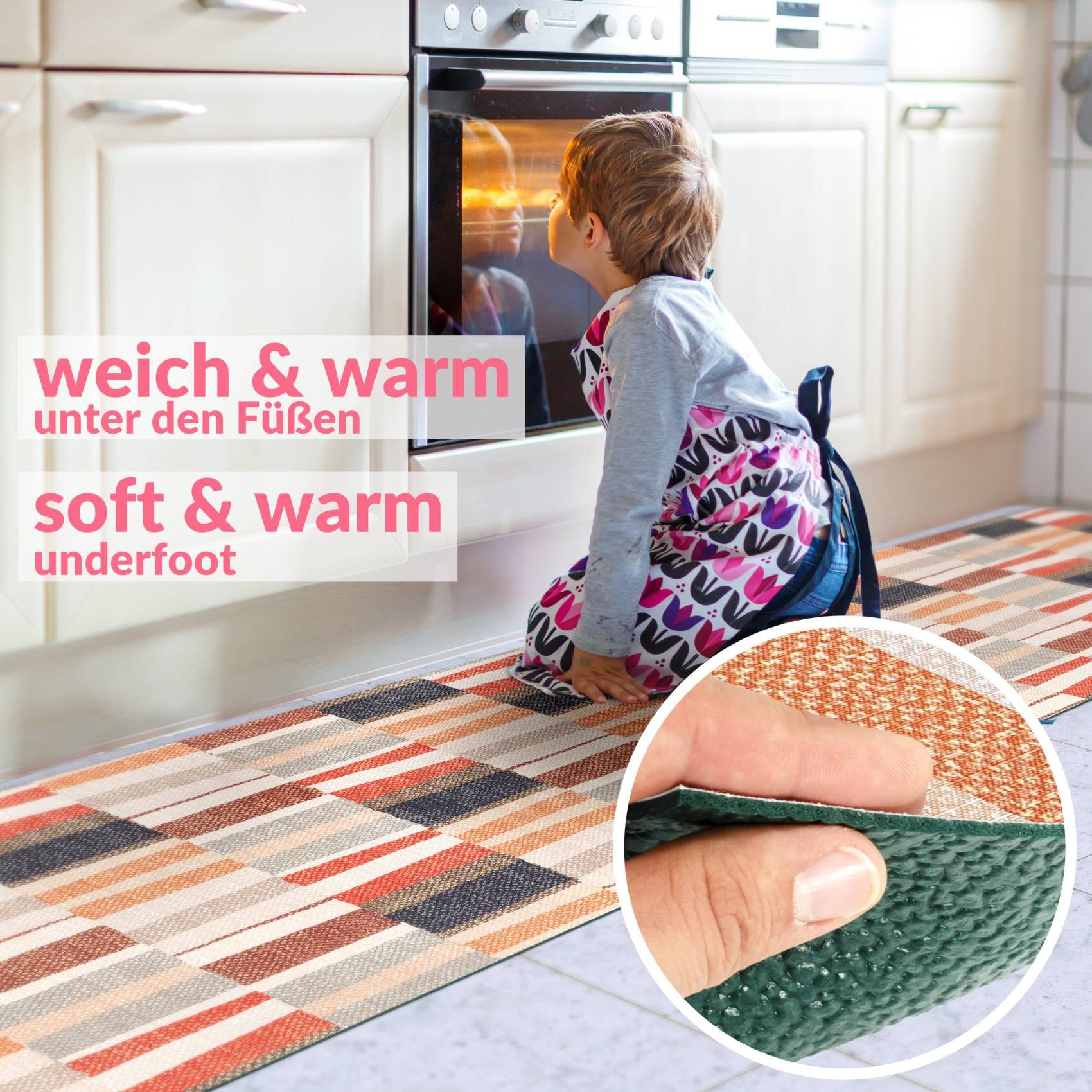 ANRO Küchenläufer Hochwertig Flurläufer Teppichläufer Textil, Eckig, Bodenläufer 100x52cm Line Patchwork Beige Grau pflegeleicht – Bild 3 von 5
