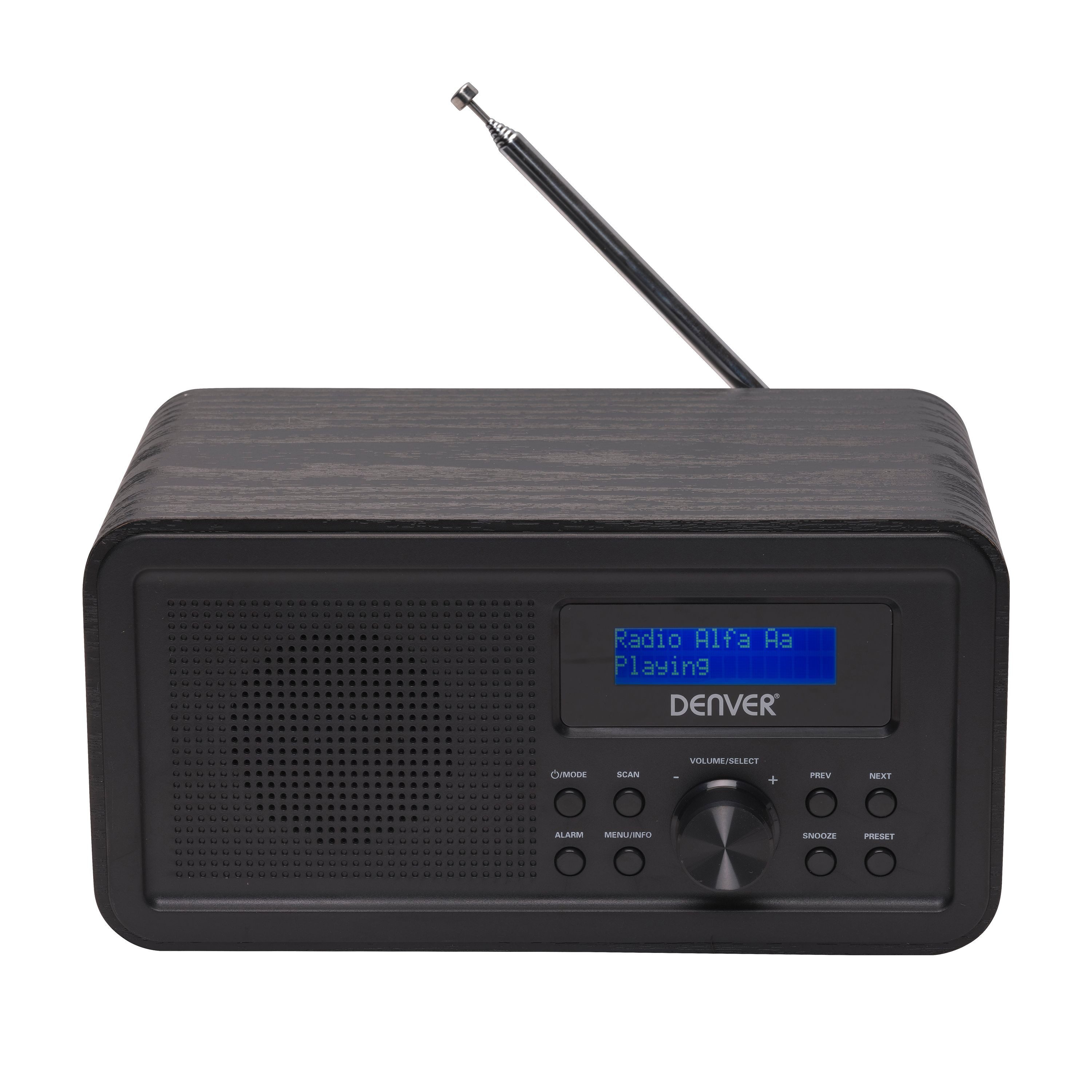 Denver DAB-30B Digitalradio (DAB) (DAB+, FM PLL, Uhr & Alarm, Snooze, 20-stufige Lautstärkeregelung, 1 W, Holz-Design, DAB+/FM PLL)