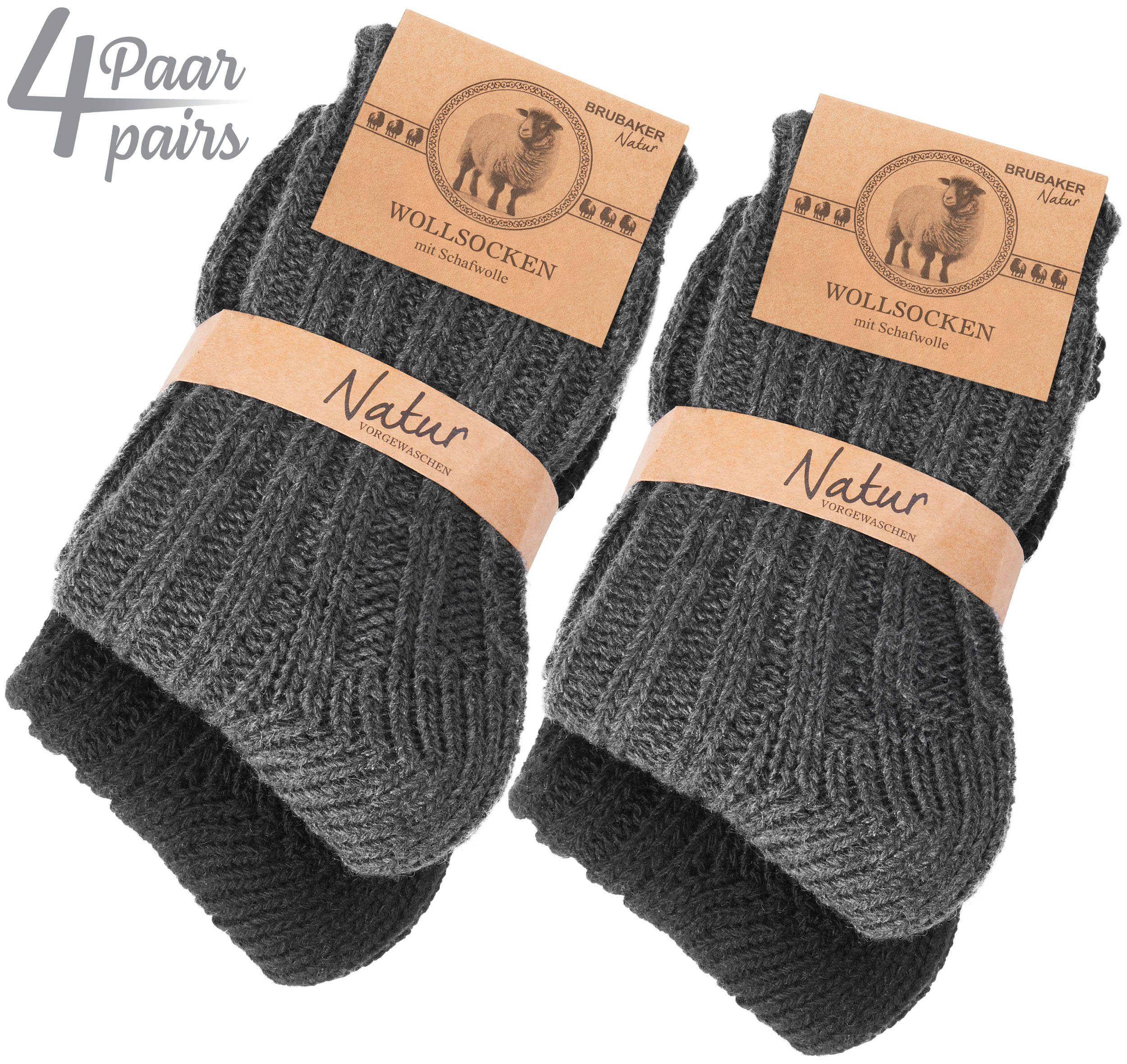 - und Mädchen Winter Schwarz Socken Set Jungen Flauschiges und Wollsocken Wintersocken für mit Socken Kinder Warme - Schafwolle BRUBAKER 4er-Pack) Kindersocken (4-Paar, Anthrazit