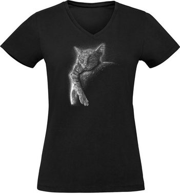 MyDesign24 T-Shirt Damen Katzen Print Shirt bedruckt - Schlafende Katze am Mond V-Ausschnitt Baumwollshirt mit Aufdruck, Slim Fit, i123