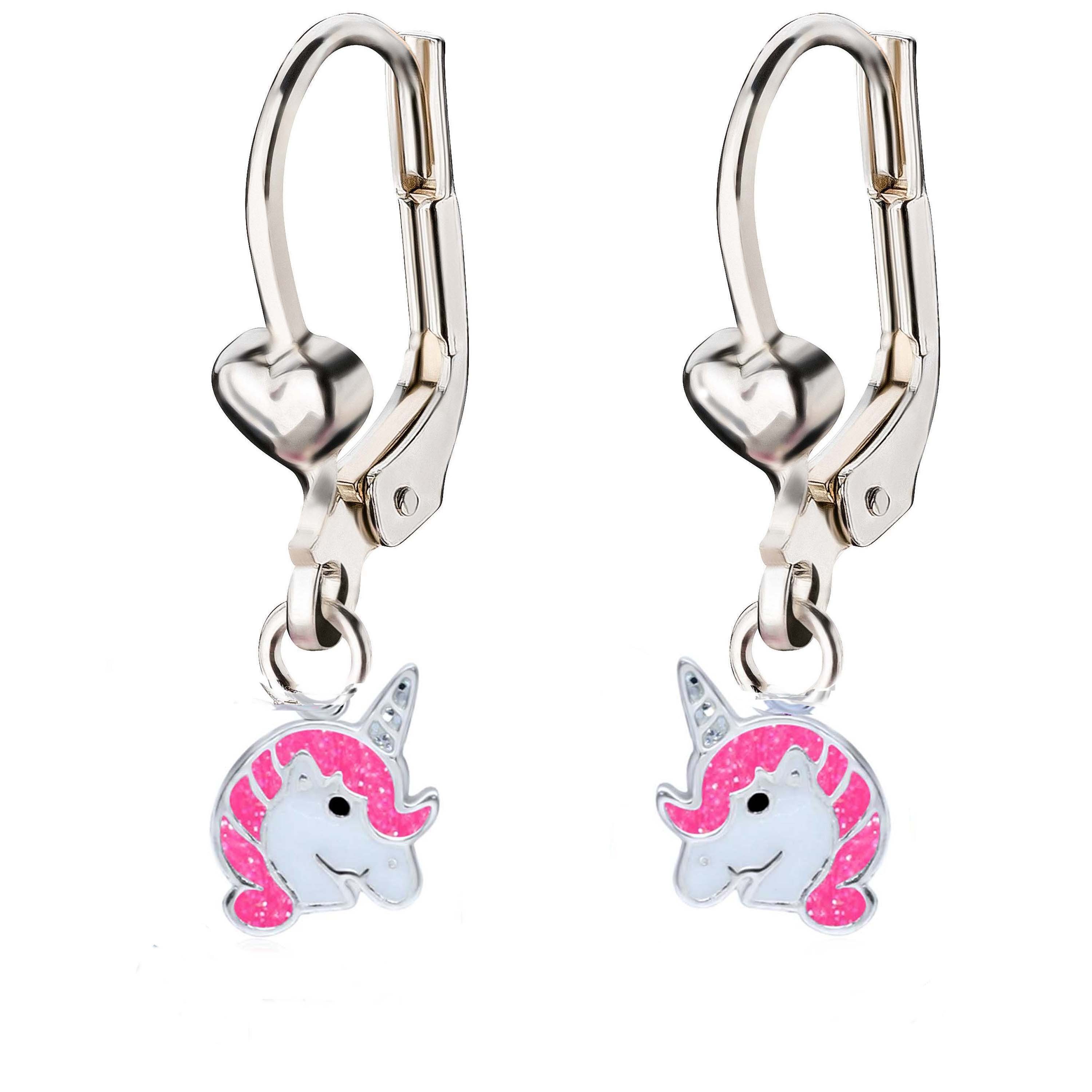 schmuck23 Paar Ohrhänger Kinder Ohrringe Einhorn Pferd 925 Silber, Kinderschmuck, Creolen, Mädchen, Geschenk Pink-Weiss