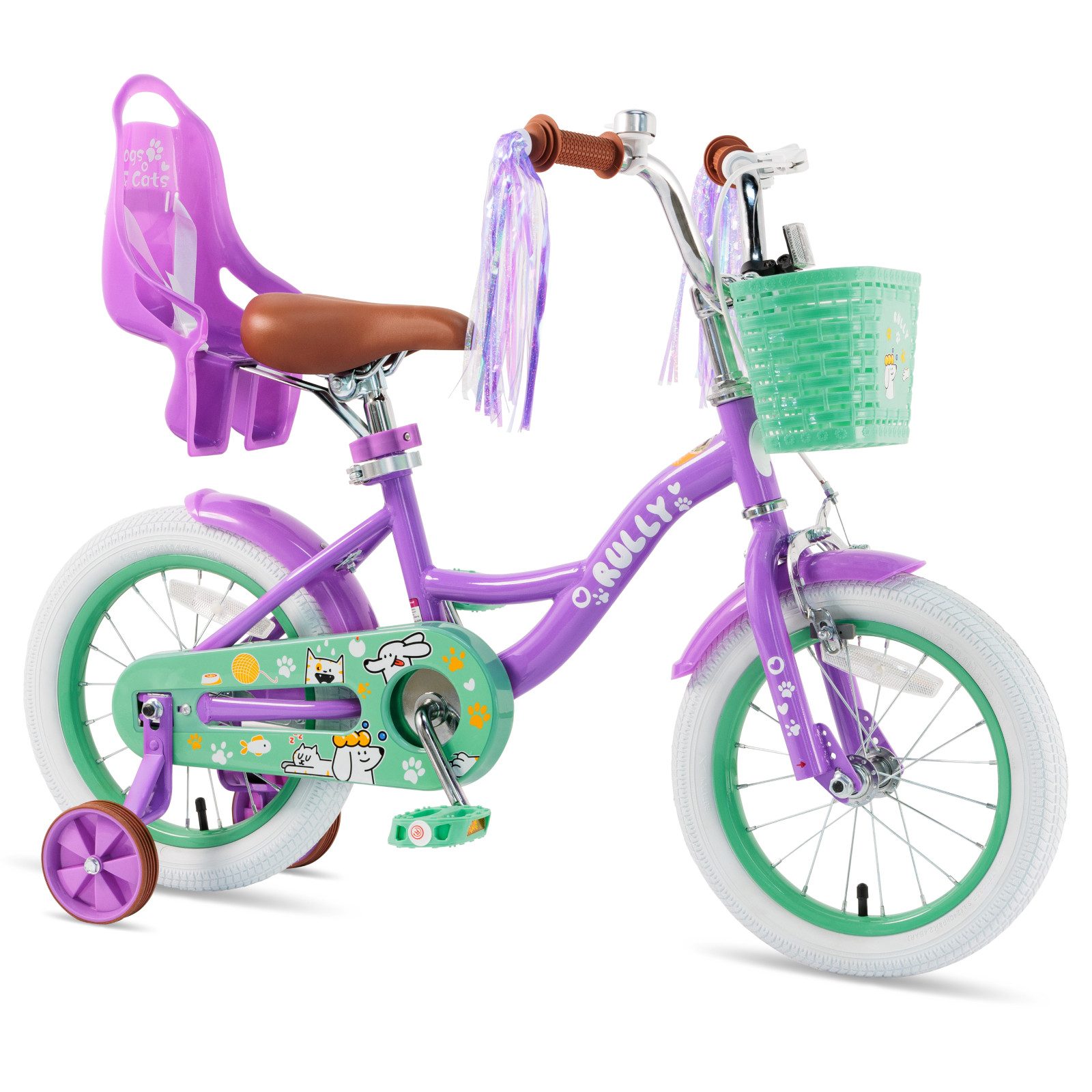 RULLY Kinderfahrrad Kinderfahrrad Mädchen 12/14/16 Zoll für 2–7 Jahre, 1 Gang, Mit Korb, Puppensitz, Stützrädern, Schutzblech & Klingel