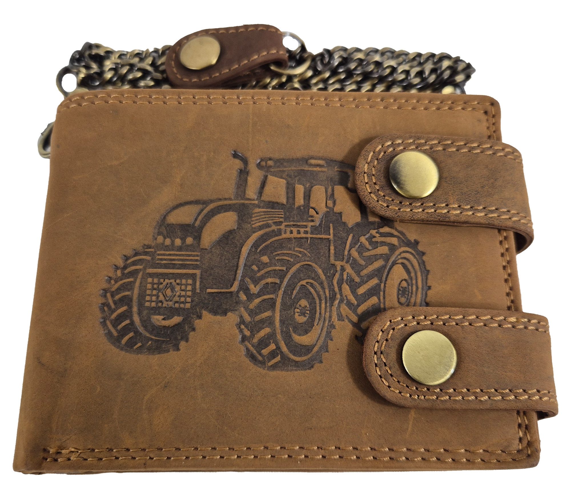 Einkaufszauber Geldbörse Echt Leder Herren Geldbeutel Traktor Rustikal mit Kette (mit Sicherheitskette), Mit Sicherheitskette