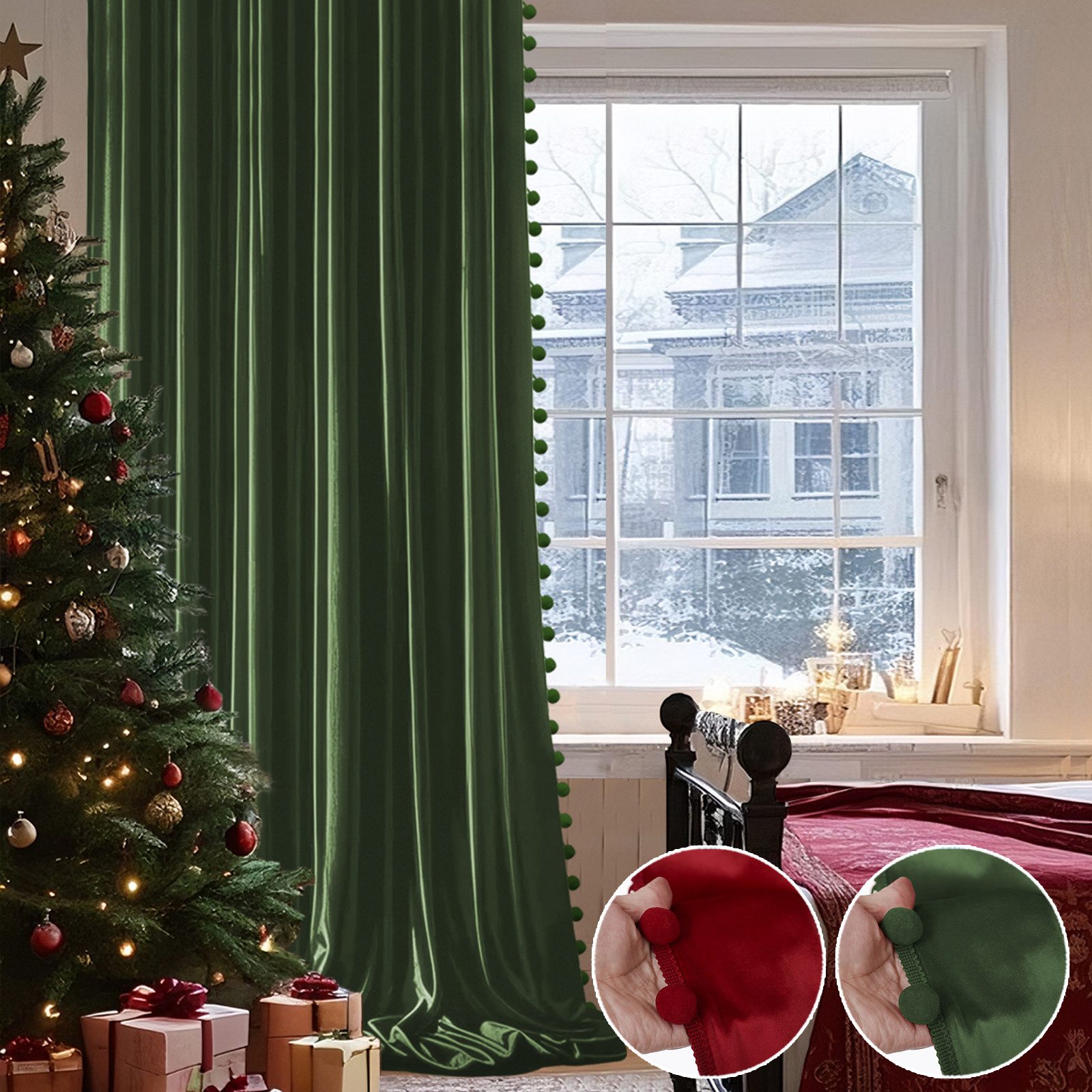 Rosnek Gardine Samtvorhang mit Pompon, Kräuselband, Wärmeisolierend, 2er Set (1 St), Verdunklungsvorhänge für Schlafzimmer/Wohnzimmer
