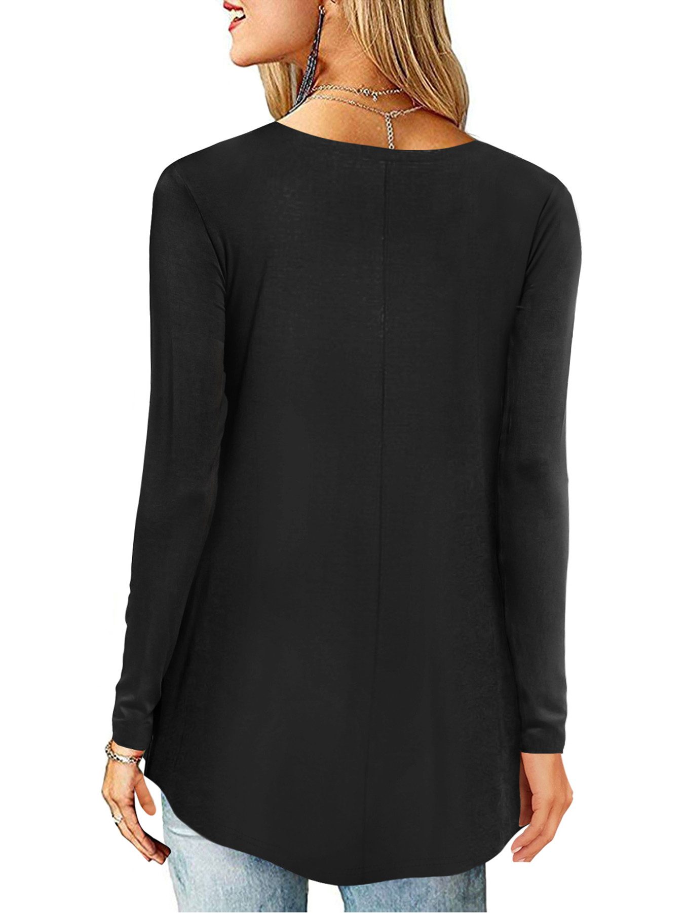 Beluring Langarmshirt Damen V-Ausschnitt Plissee Langbluse in Schwarz,Modisch & Figurbetont Damenbluse lang, locker, komfortabel, vielseitig